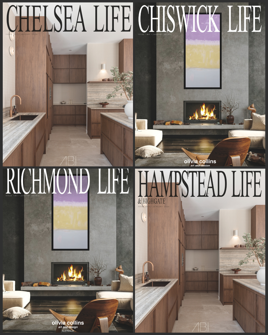 Collage of four magazine covers featuring interior spaces. The top left and bottom right show a modern kitchen with wooden cabinets and marble countertops. The top right and bottom left display a cozy living room with a dark textured wall, a fireplace, and contemporary furniture, with the magazine titles indicating locations in Chelsea, Chiswick, Richmond, and Hampstead.