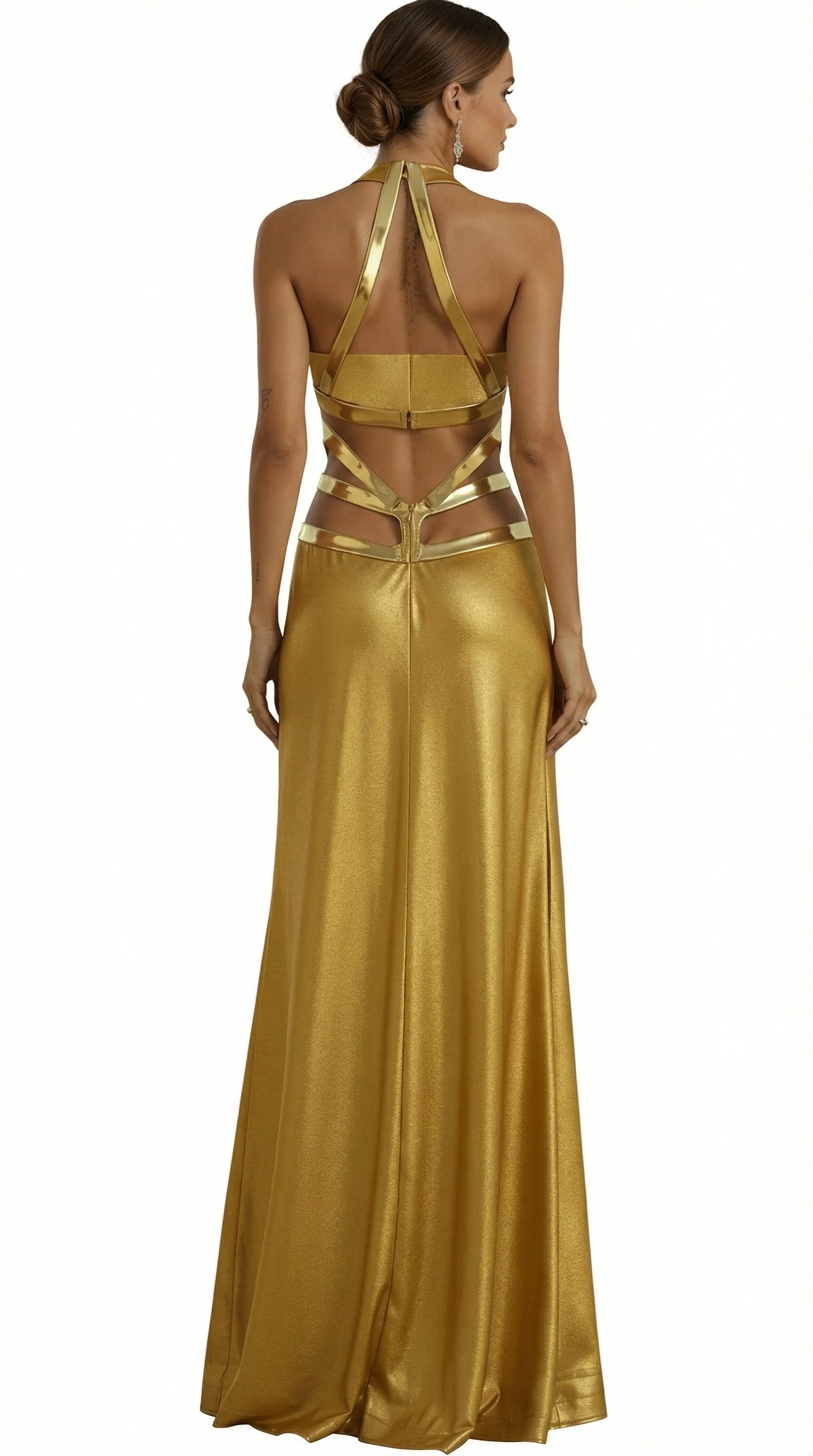 Woman in a long, shiny gold dress with cutouts on the back, standing with her back to the camera.