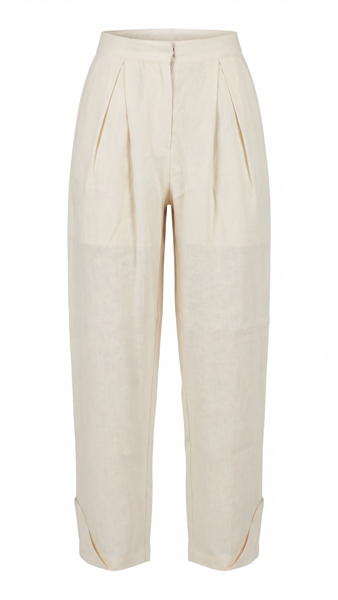 Cream-colored high-waisted trousers with pleats and cuffed hems.