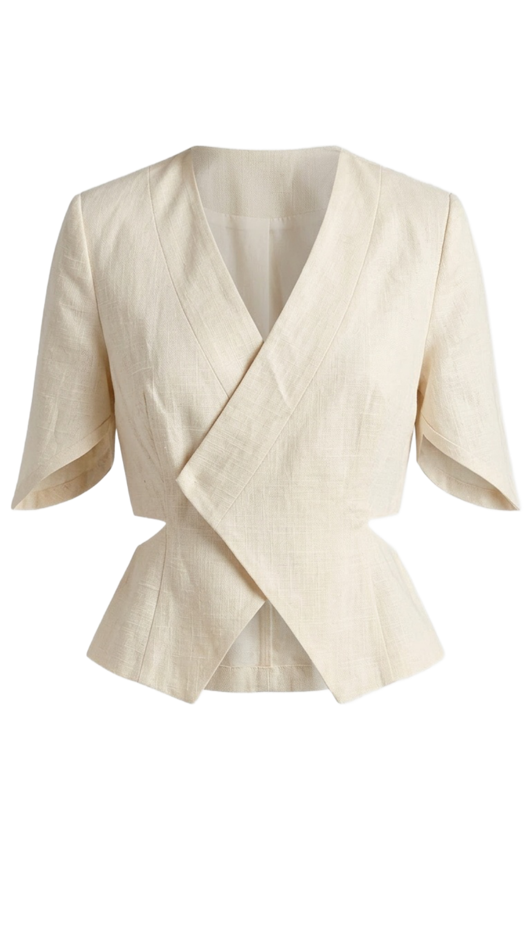 Cream-colored fitted blazer with short sleeves and a V-neck design.