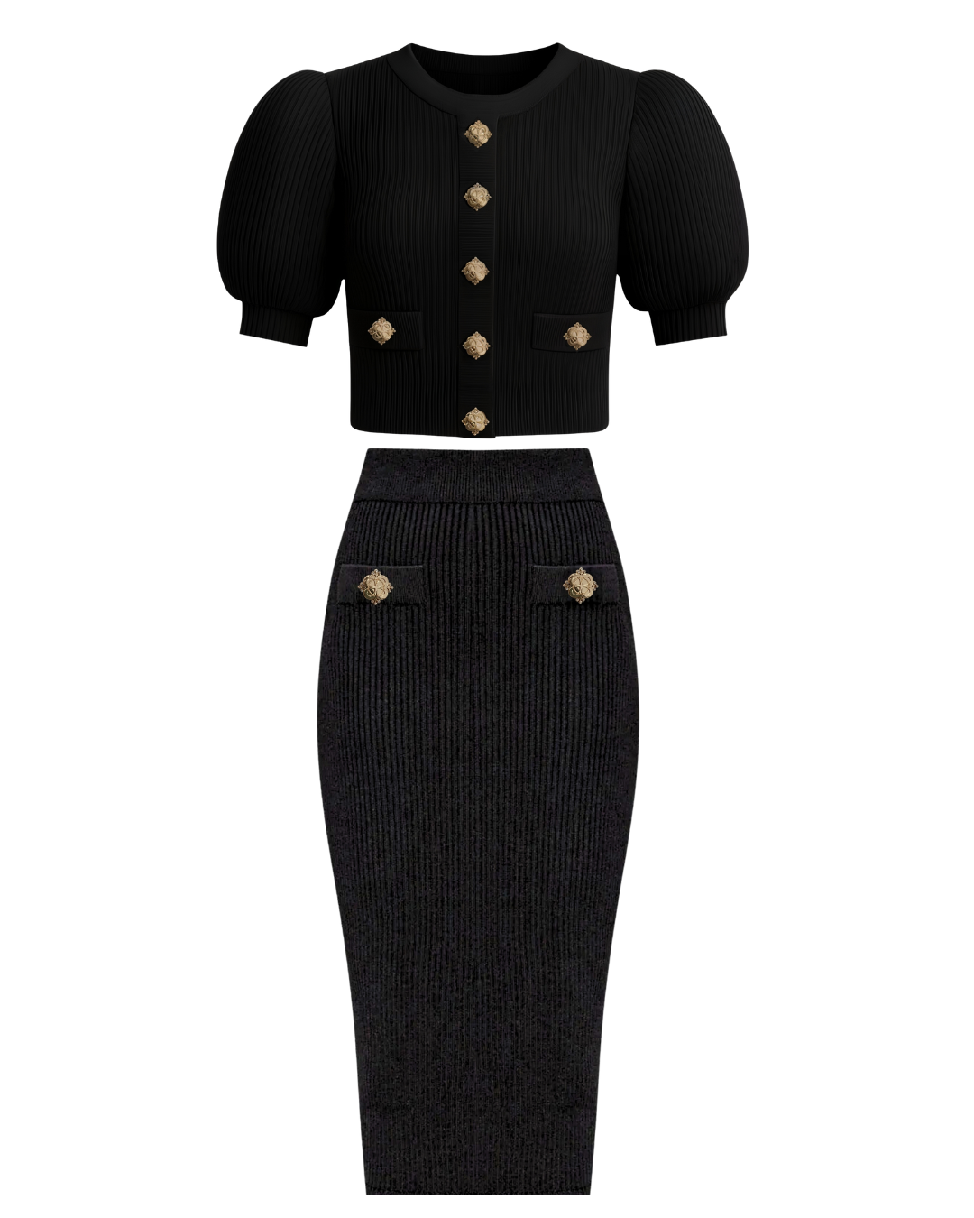 Black matching two-piece outfit consisting of a cropped jacket with puffed sleeves and a high-waisted skirt, both featuring gold decorative buttons.