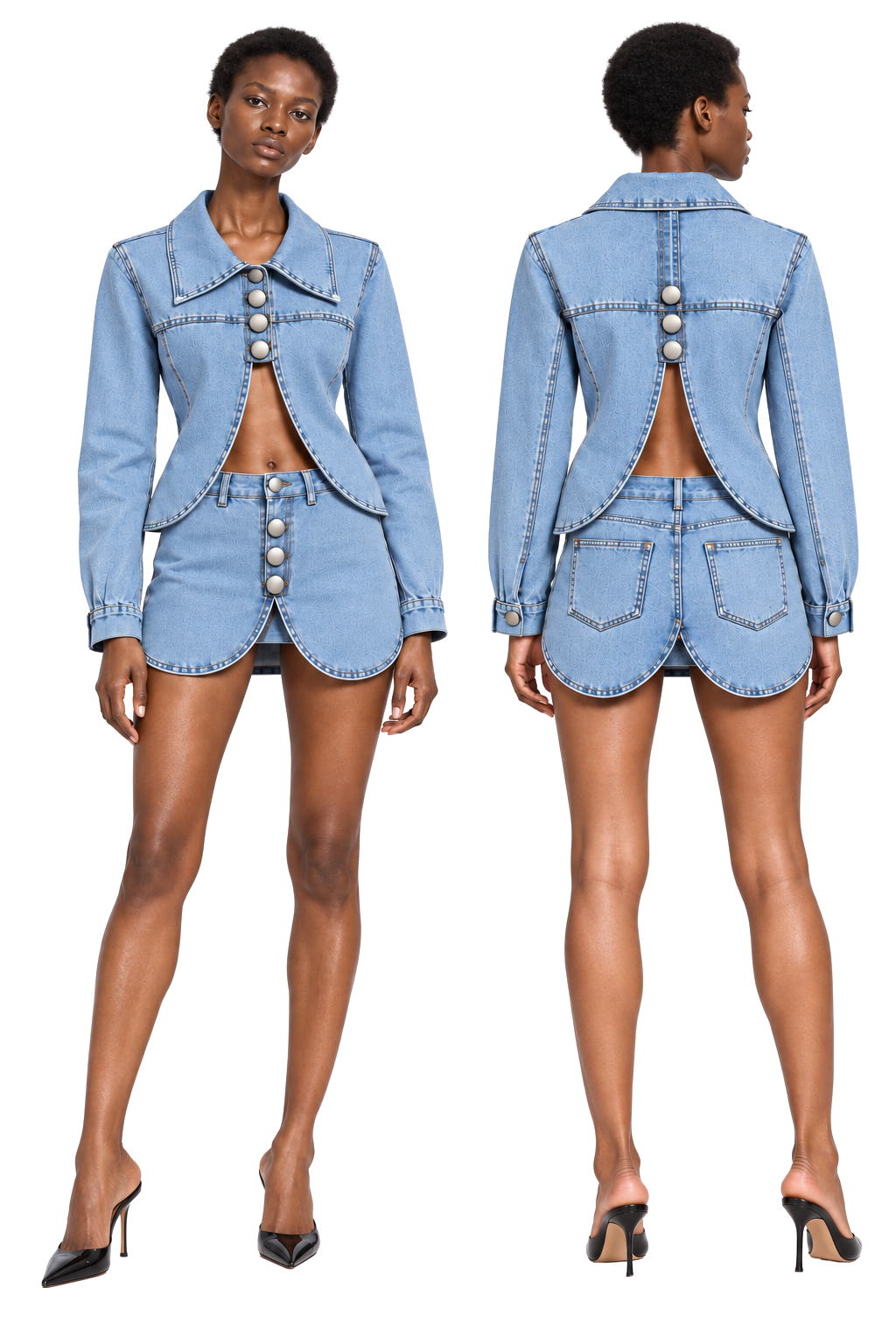 Front and back view of a woman wearing a matching light blue denim jacket and mini skirt set with large white buttons, paired with black high heels.