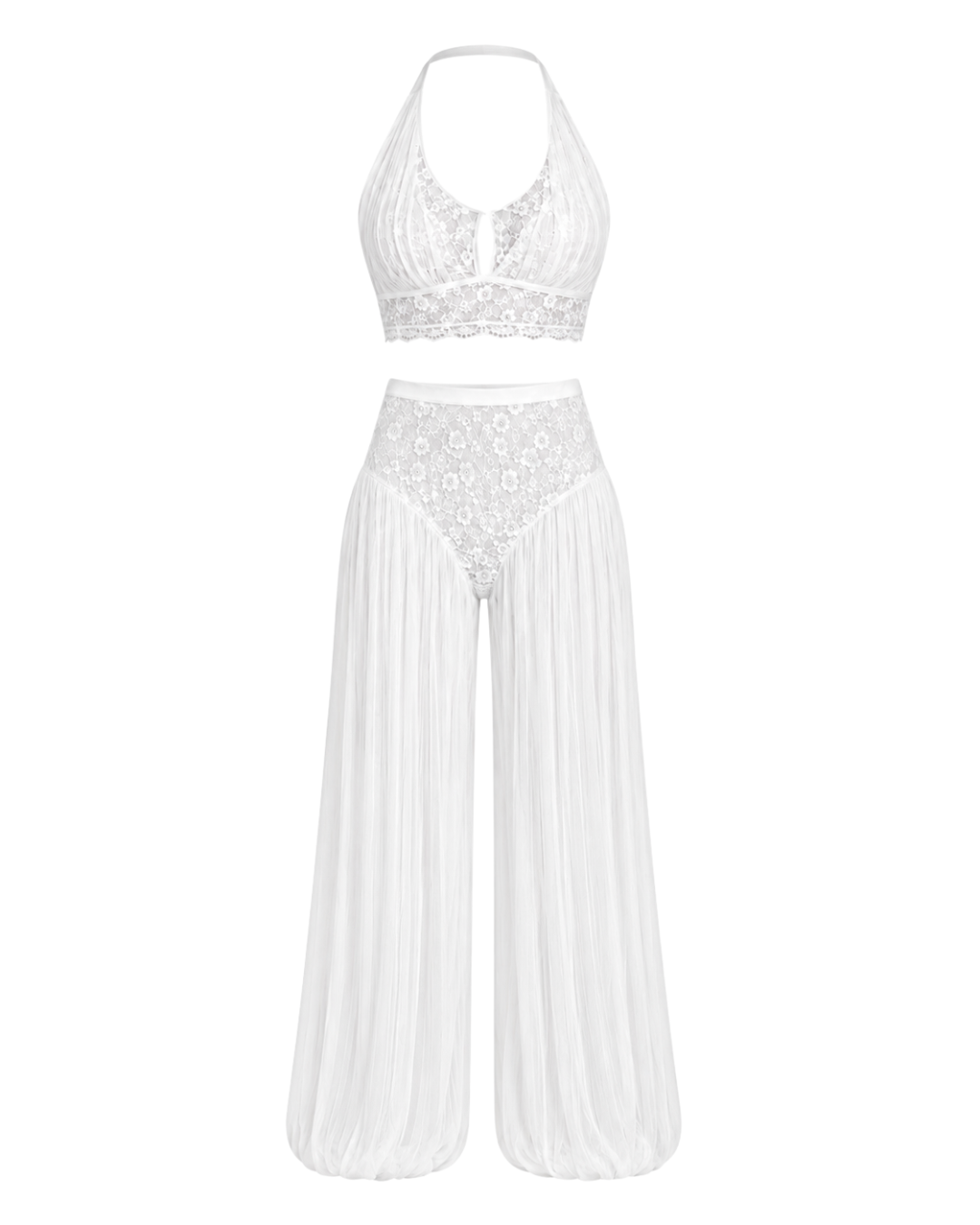 White lace two-piece lingerie set with a halter top and wide-leg pants.