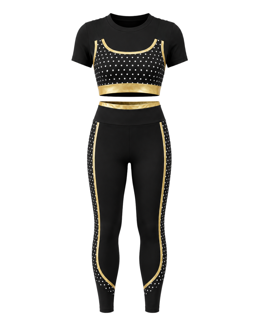 A black athletic outfit consisting of a crop top and matching leggings with gold piping and white polka dots.