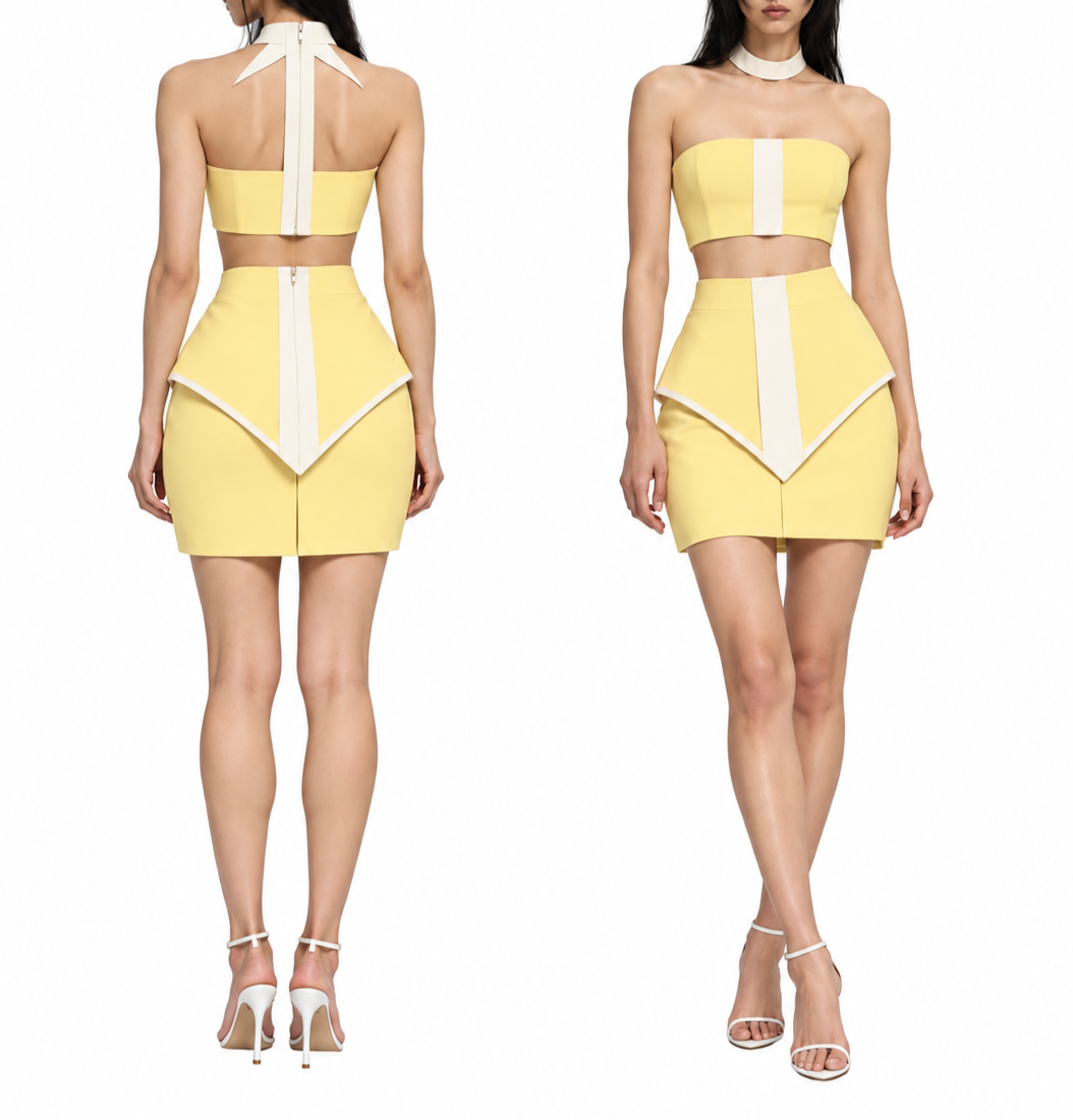 Front and back views of a woman wearing a yellow two-piece outfit with white accents, paired with white high-heeled sandals.