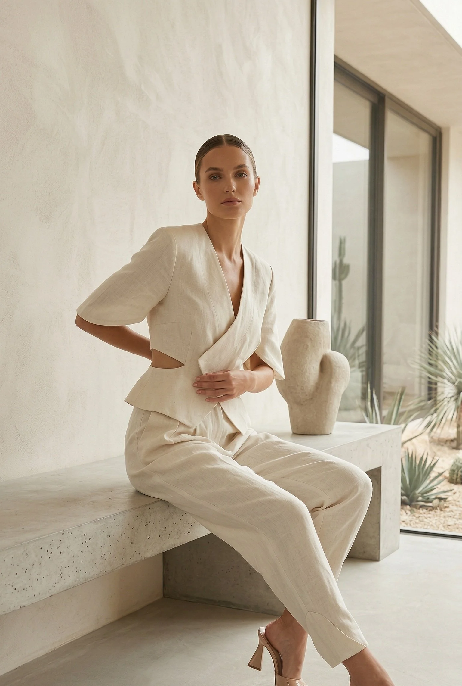 A woman in a cream-colored, stylish outfit sitting on a concrete bench indoors near large windows with desert plants outside.