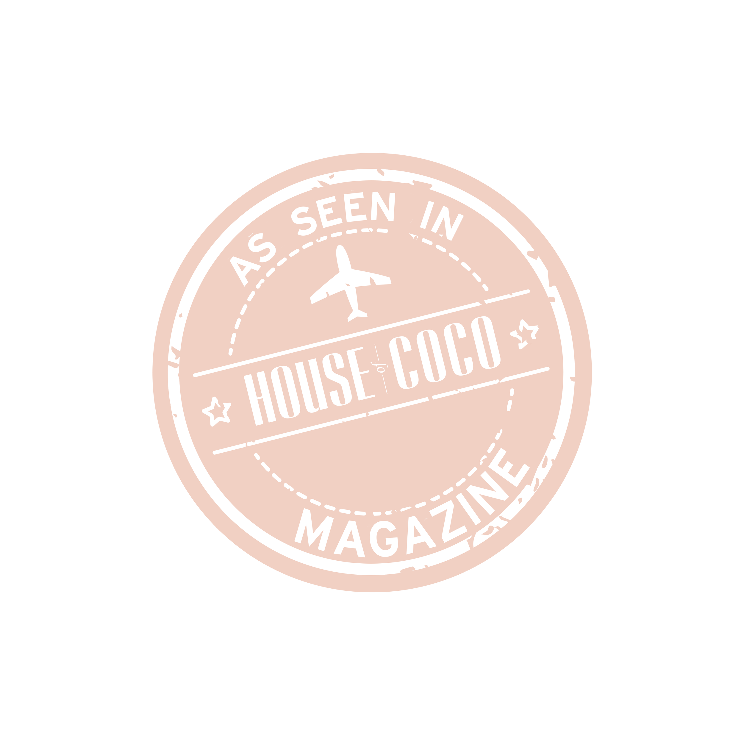 Pink circular badge with white border and text, featuring an airplane icon and the words "As Seen In House of Coco Magazine".