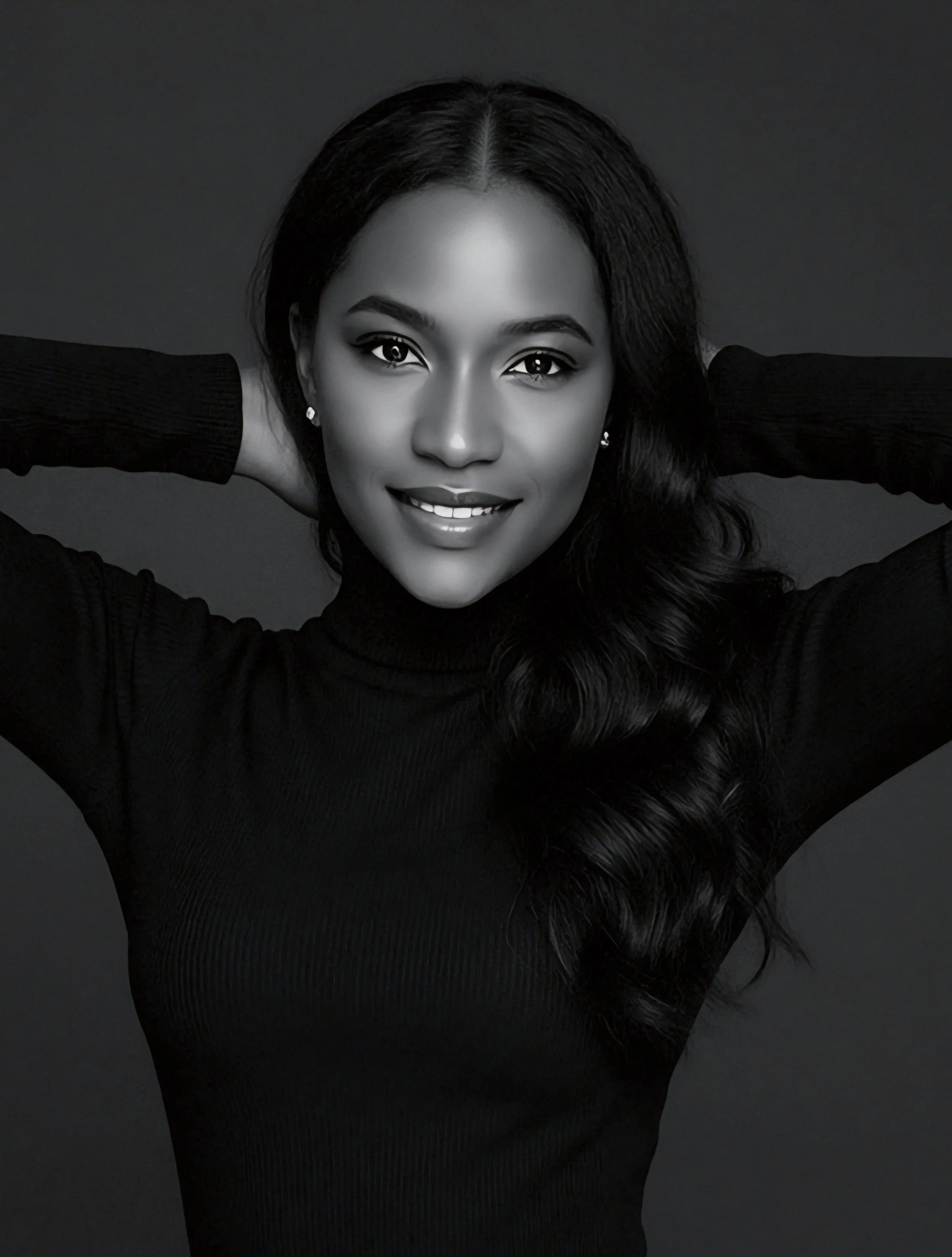 Black and white portrait of a woman with long wavy hair, smiling and posing with hands behind her head, wearing a black turtleneck.