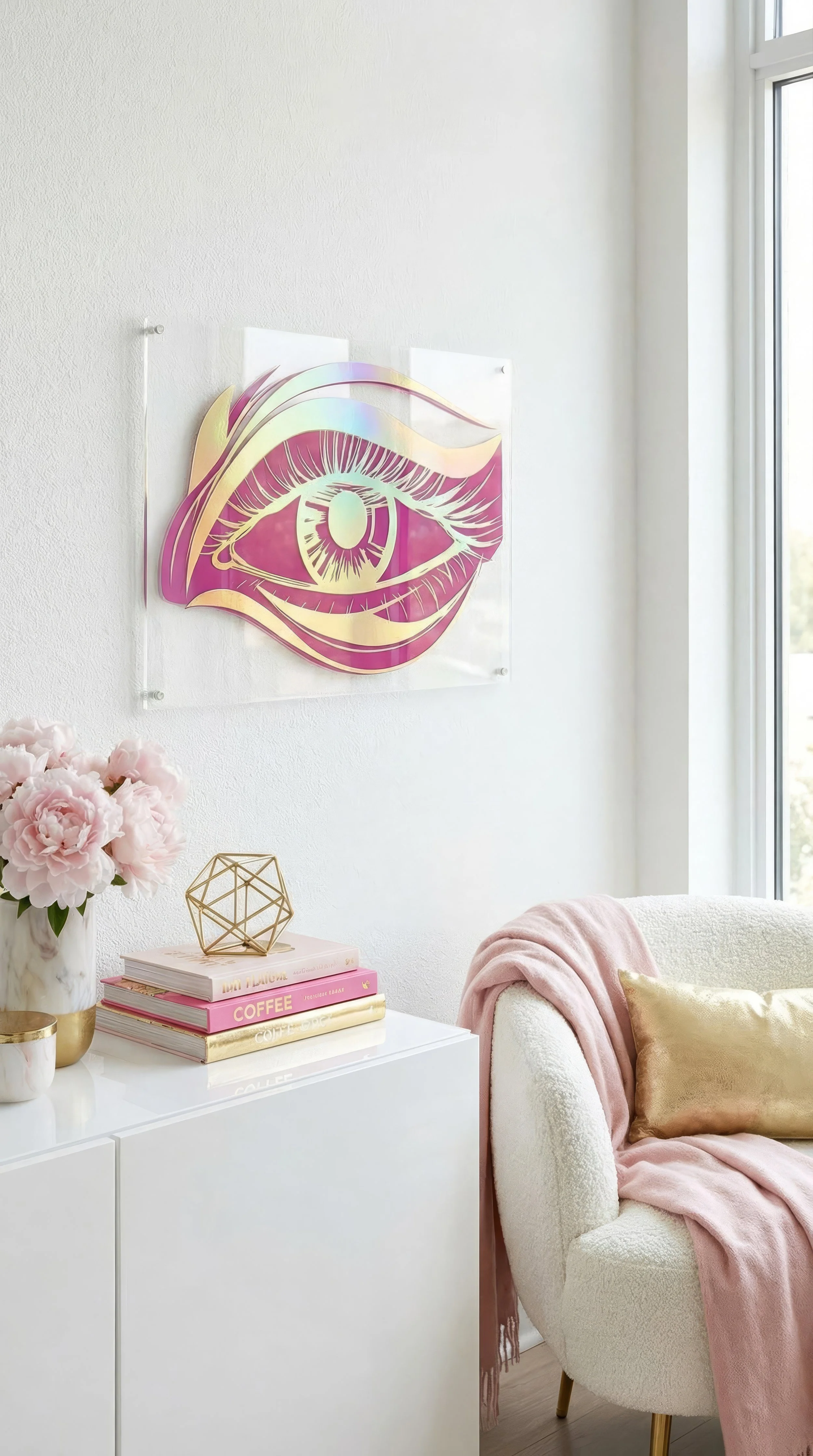 Decorative wall art of an eye with pastel colors, placed on a white wall above a white sideboard with pink flowers, books, and a geometric ornament in a bright, cozy living space.