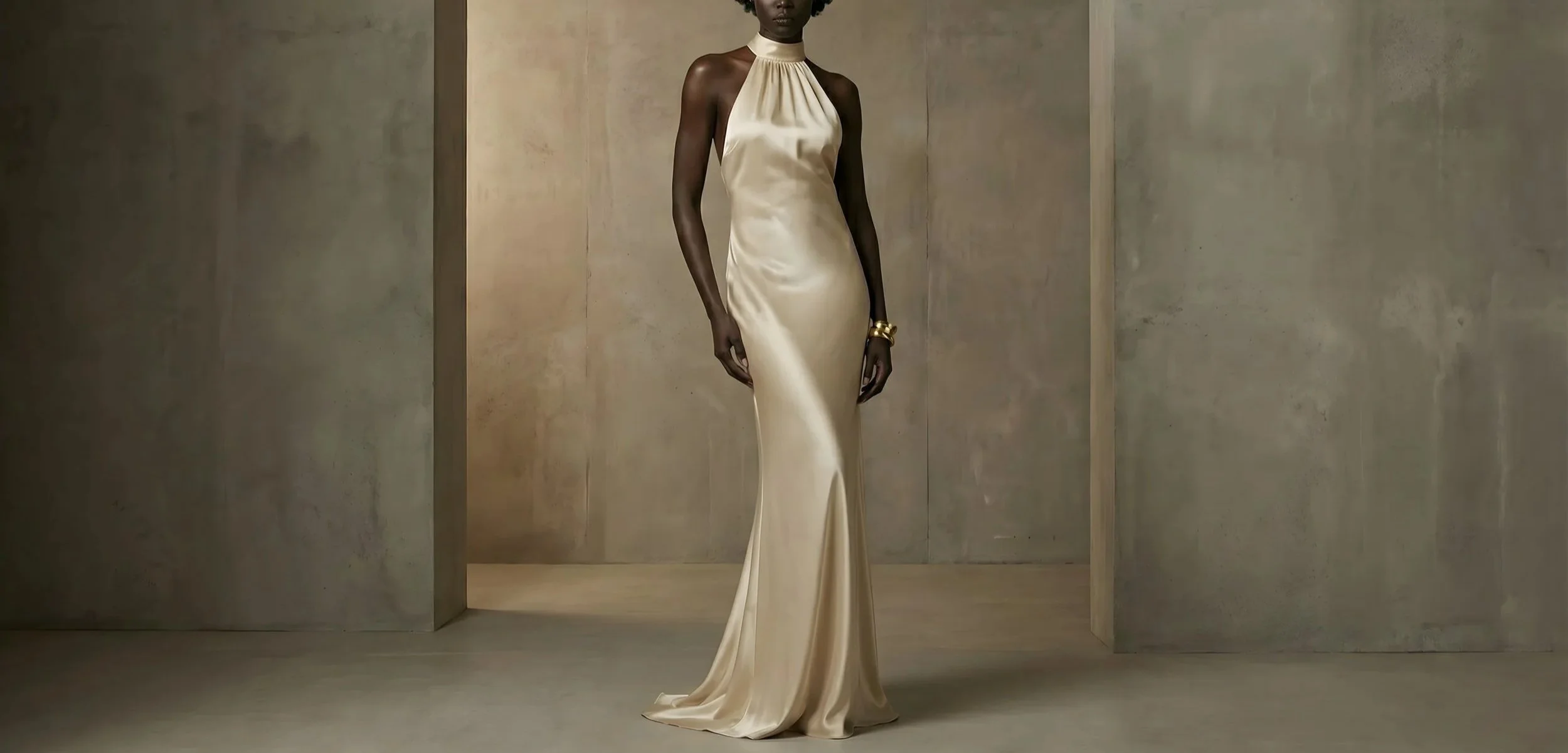 A woman in a long, elegant, silky beige gown standing against a plain, muted wall.