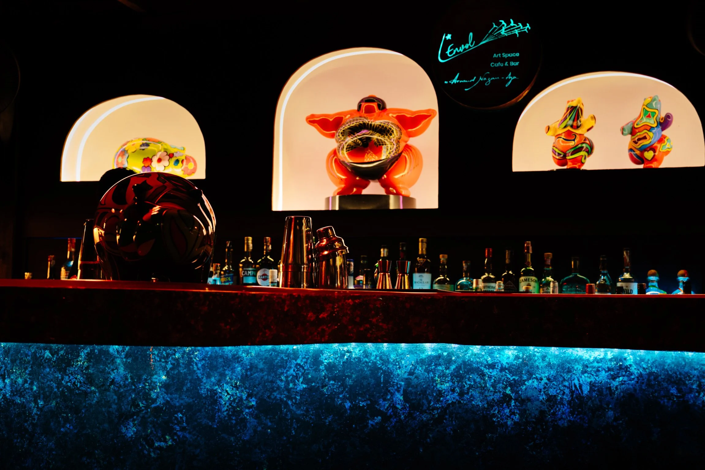 Vol de Nuit, The Hidden Bar. Outdoor garden, craft cocktails in outdoor garden around Koi fish pond in a intimate and quiet environment in Sathorn, Bangkok.