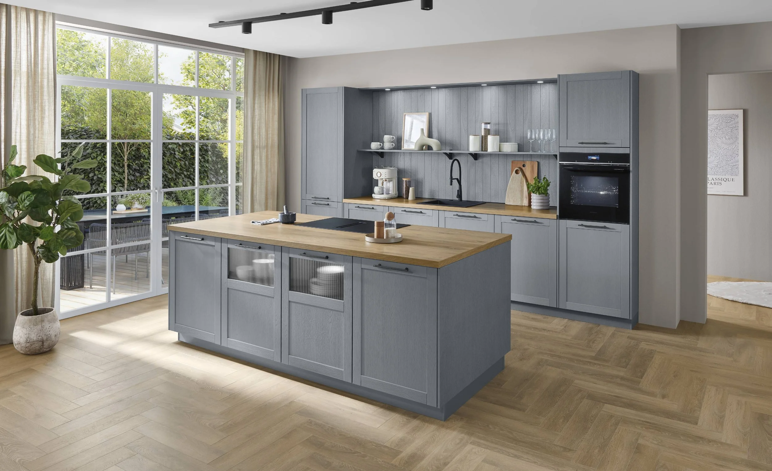 German traditional shaker kitchen in light blue with oak worktop