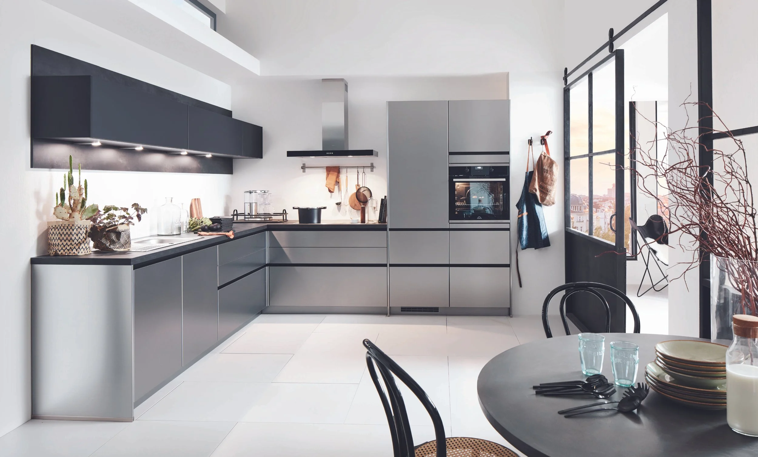 Nobilia brushed steel effect moder kitchen with island