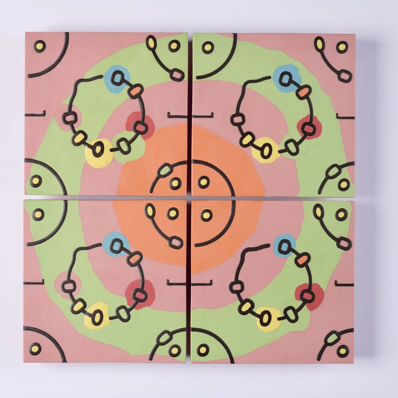 Colourful abstract encaustic tile panel depicting the Conidiobolus fungus with concentric circles, looping black lines, and yellow, blue, and red accents on a pink, orange, and green background.