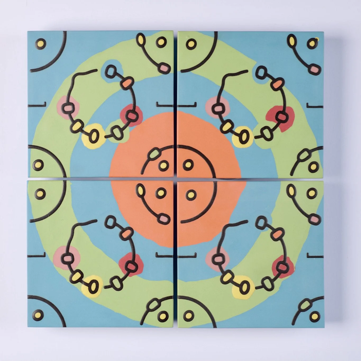 Four square abstract tiles arranged in a larger square, featuring colorful circular and line patterns depicting the Conidiobolus fungus with a pastel color palette.