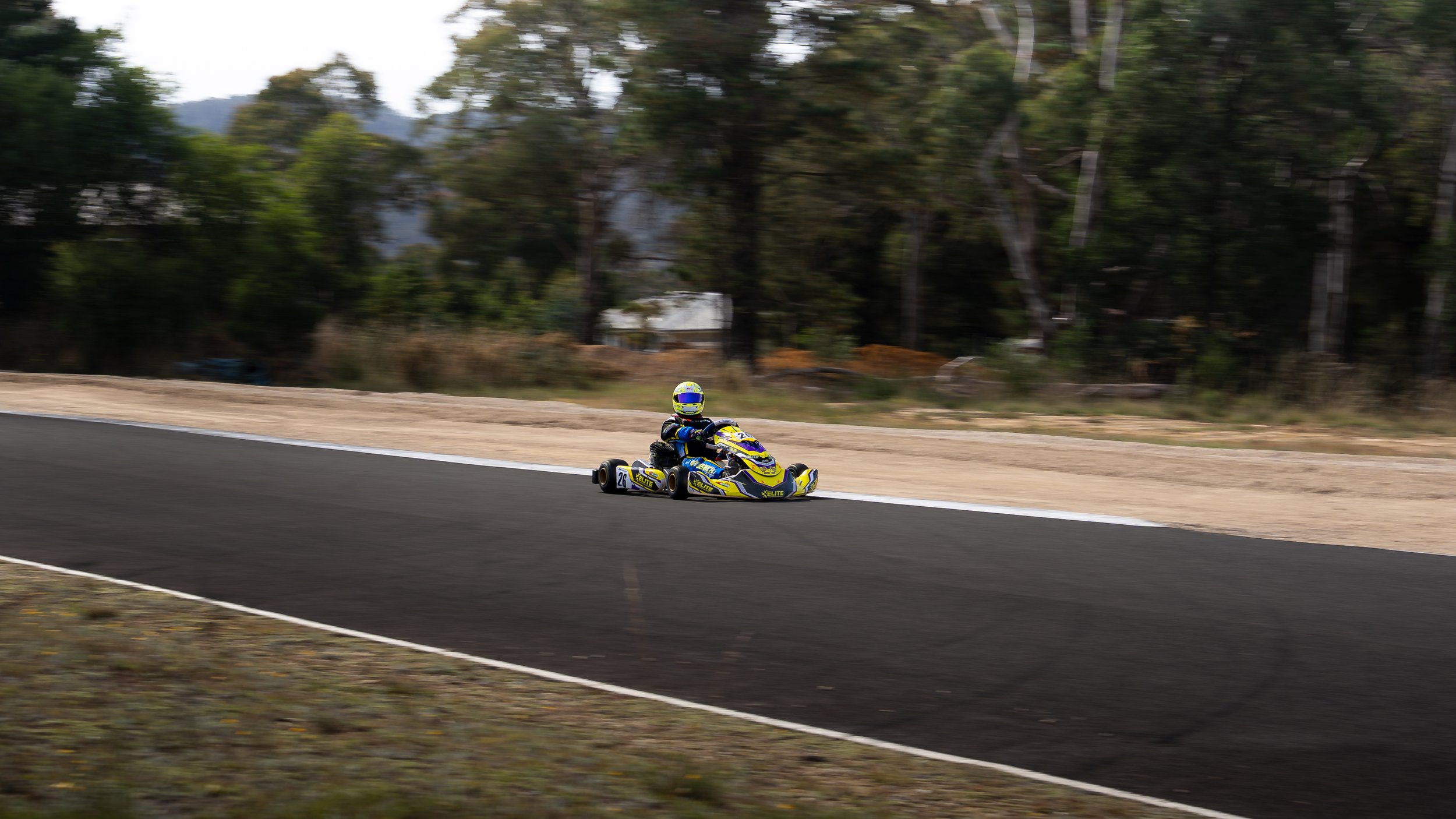 A person in a racing go-kart driving on a track, with trees in the background.