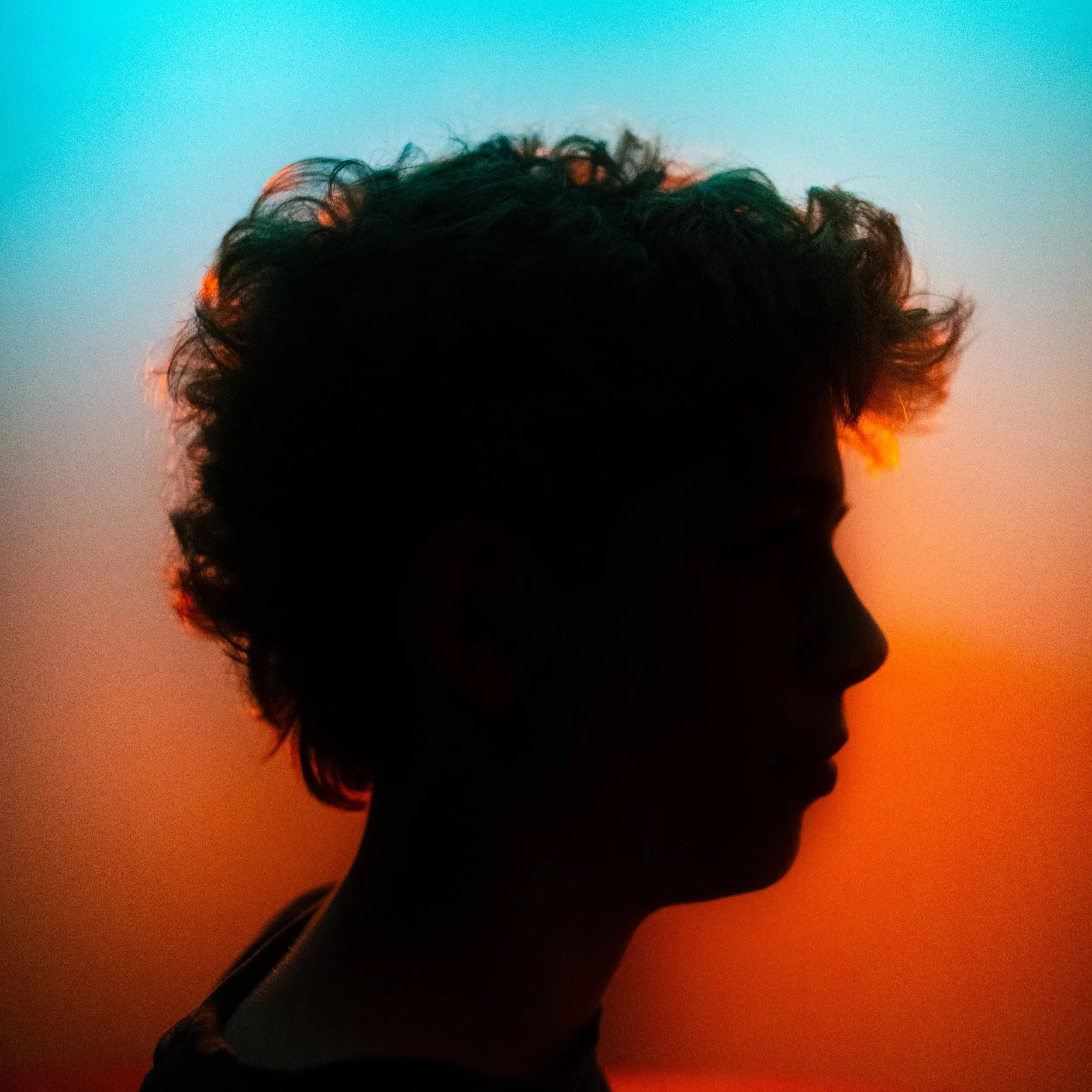 Silhouette of a person with curly hair against a colorful sunset background with shades of blue, orange, and red.