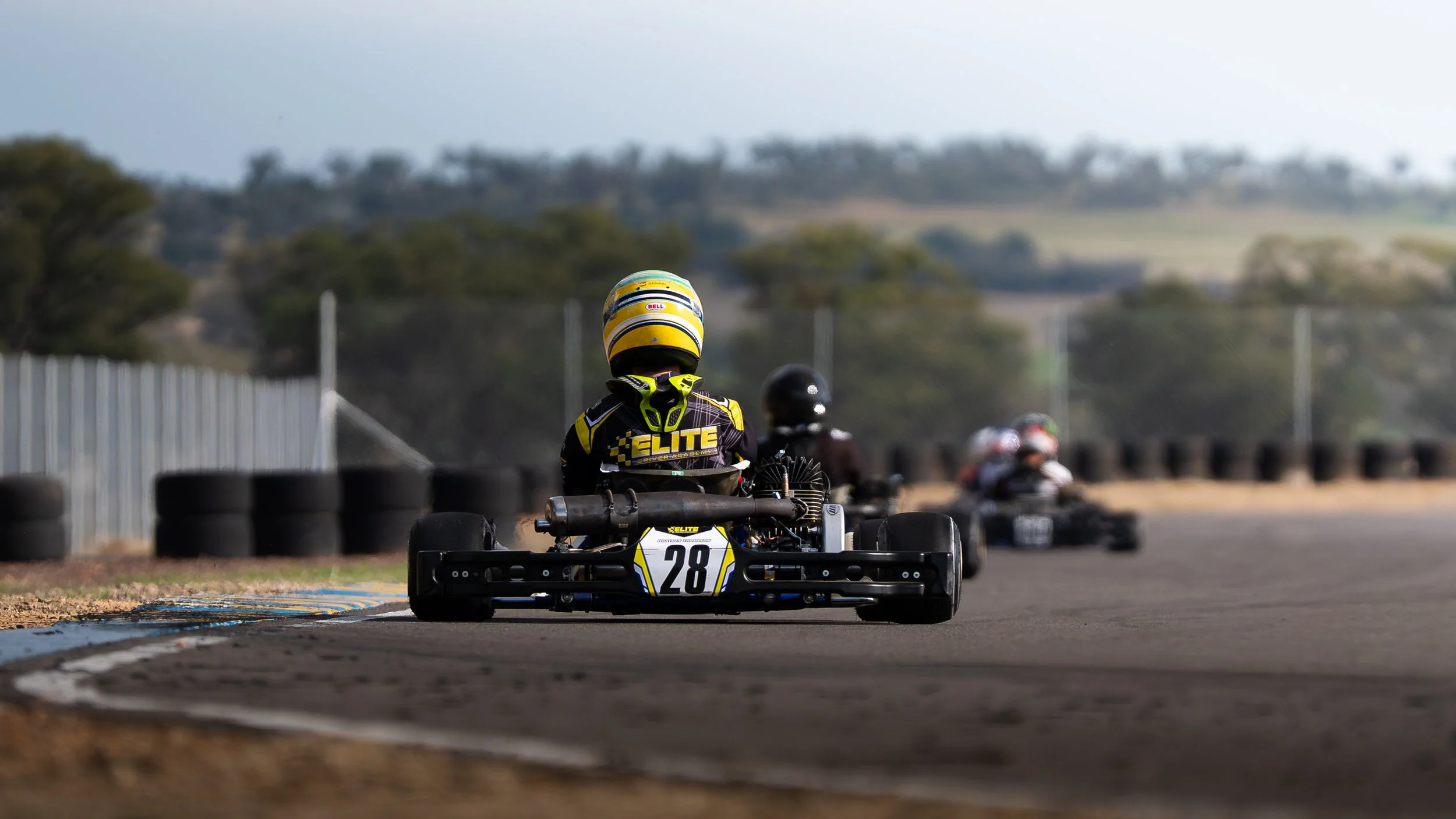 Go-kart race with multiple participants on a track, cars numbered 28 and others, with a scenic background of trees and hills.
