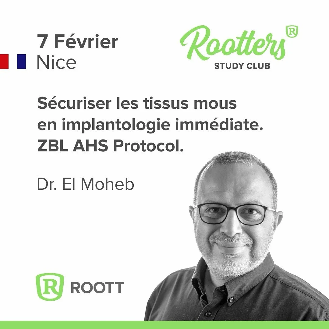 🦷 Rootters&reg; Study Club &ndash; Nice
📍 Nice | 📅 7 f&eacute;vrier

🔍 S&eacute;curiser les tissus mous en implantologie imm&eacute;diate
👉 Focus sur le ZBL AHS Protocol

Nous avons le plaisir d&rsquo;accueillir Dr. El Moheb pour une session d&e