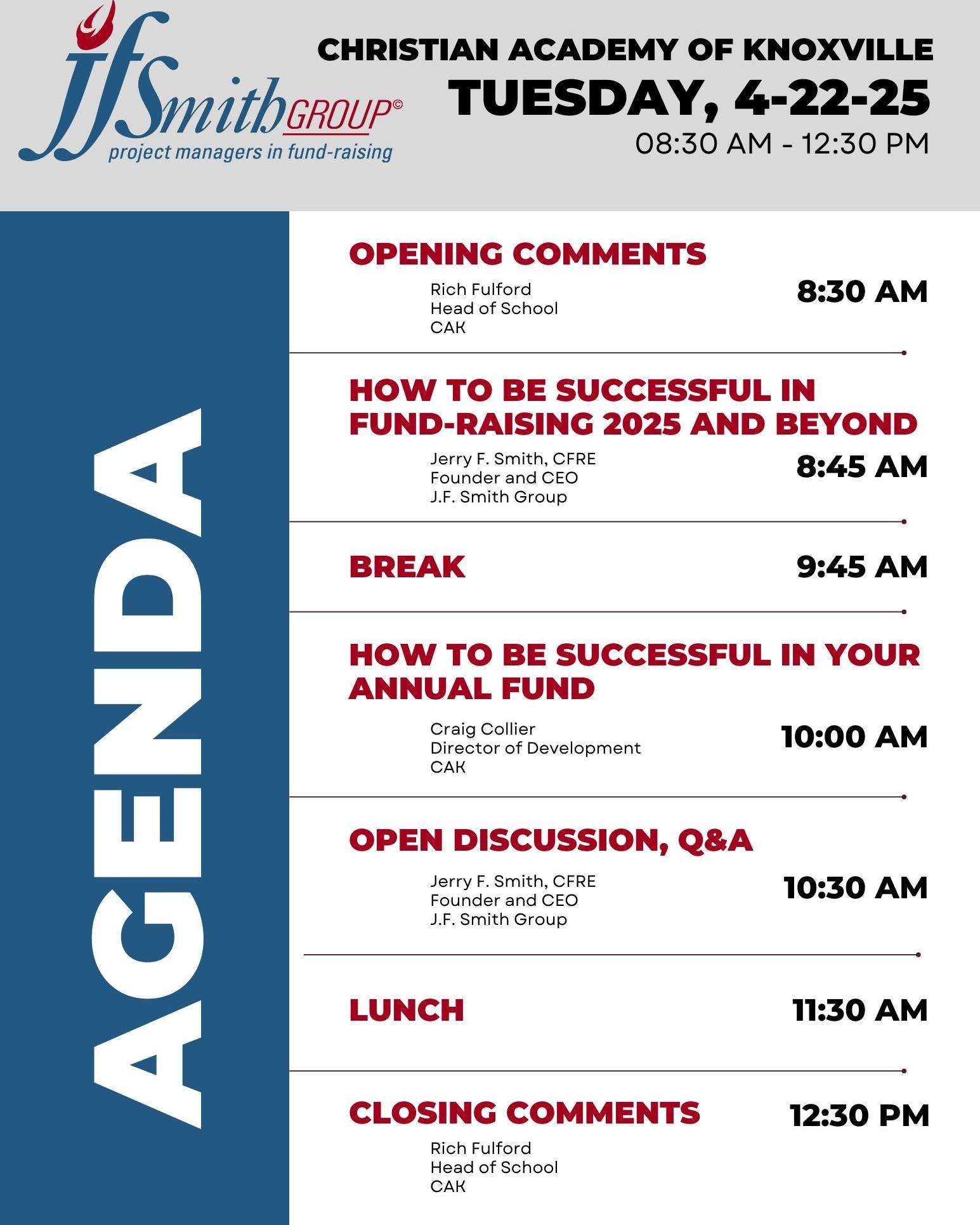 If you will be near the Knoxville, TN, area on April 22, 2025, we’d love for you to join us for a FREE fund-raising training seminar, hosted by Christian Academy of Knoxville (@cak_warriors).
For questions or to RSVP, contact Megan Augustine a