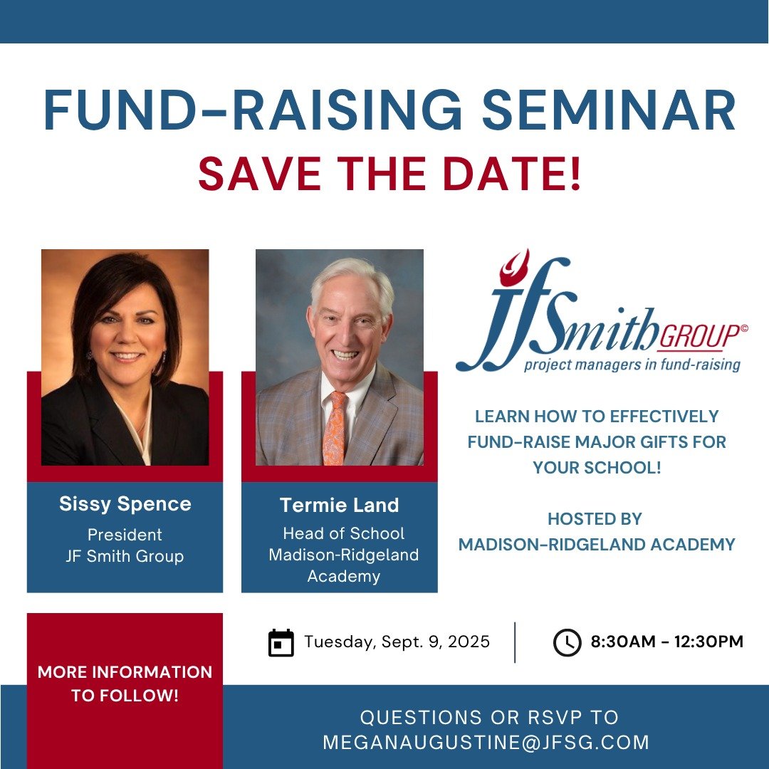SAVE THE DATE! Join us for a FREE 1/2 day fund-raising training seminar at Madison-Ridgeland Academy in September! More details to follow but get it on your fall calendars now! Reach out to meganaugustine@jfsg.com with any questions!