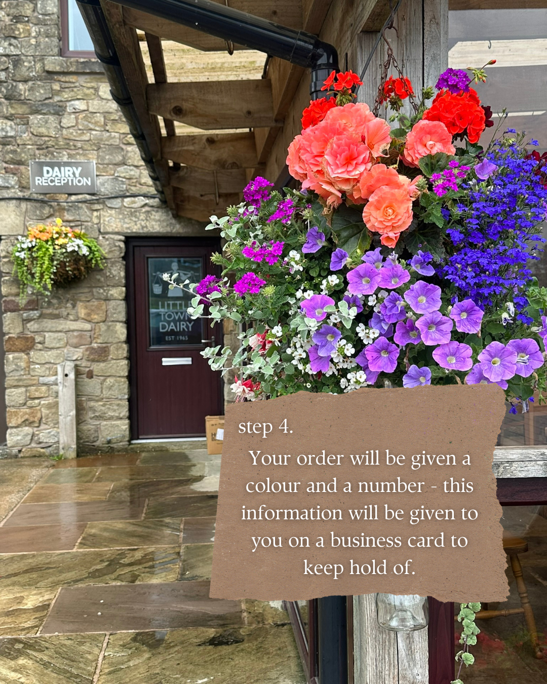 "Step four. Your order will be given a colour and a number - this information will be given to you on a business card to keep hold of."