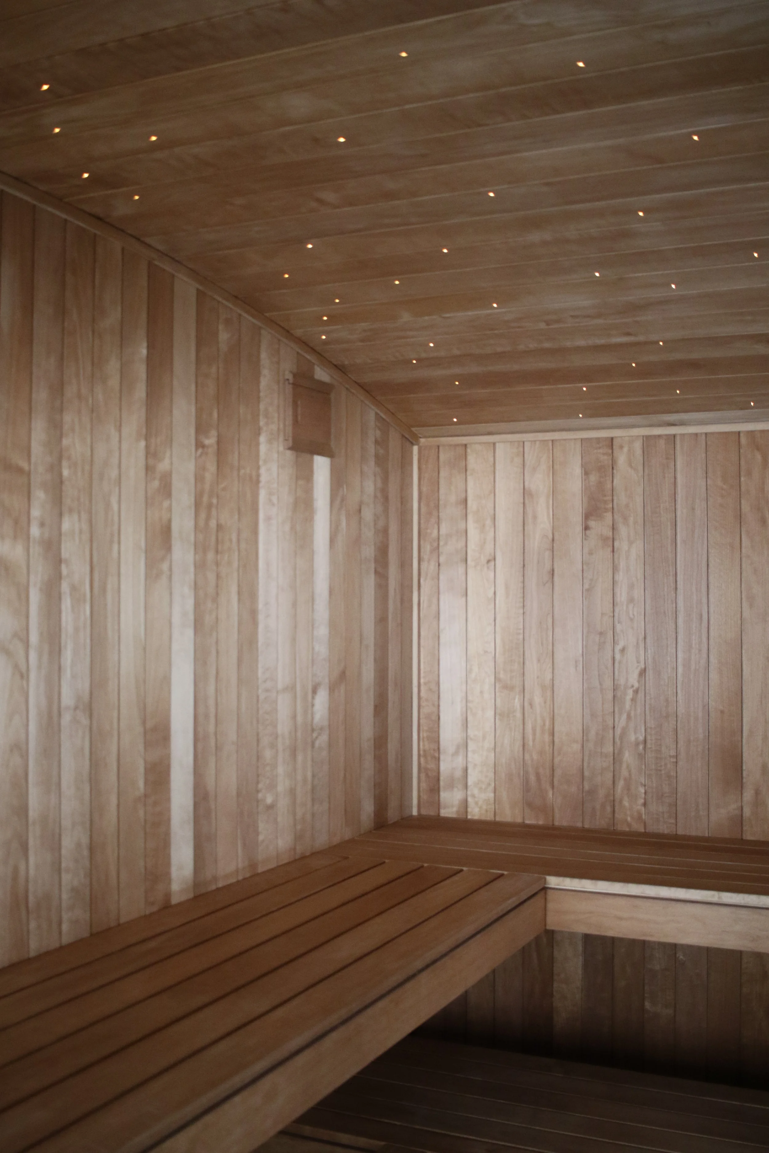 Indoor sauna room with wooden paneling on walls, ceiling, and benches, and small recessed lighting in the ceiling.
