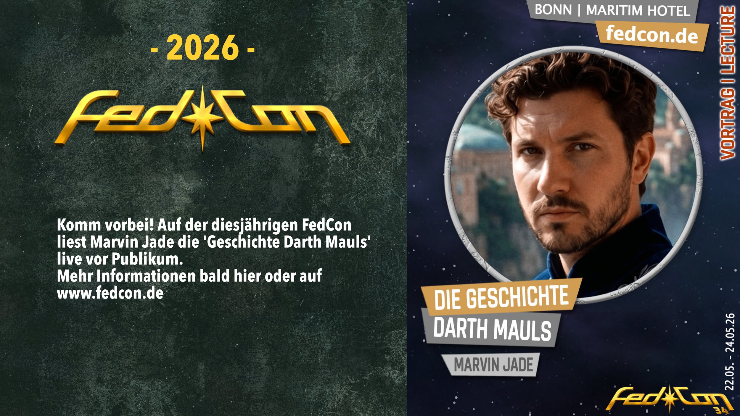 Ein Werbebild für die FedCon 2026 in Bonn, mit einem Porträt von Marvin Jade, der die Geschichte Darth Mauls liest. Die Veranstaltung findet vom 22. Mai bis 24. Mai 2026 statt.