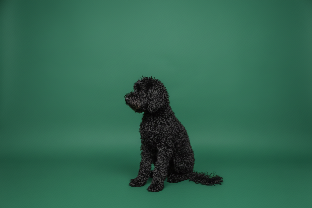 Schwarzer lockiger Hund sitzt auf grünem Hintergrund.