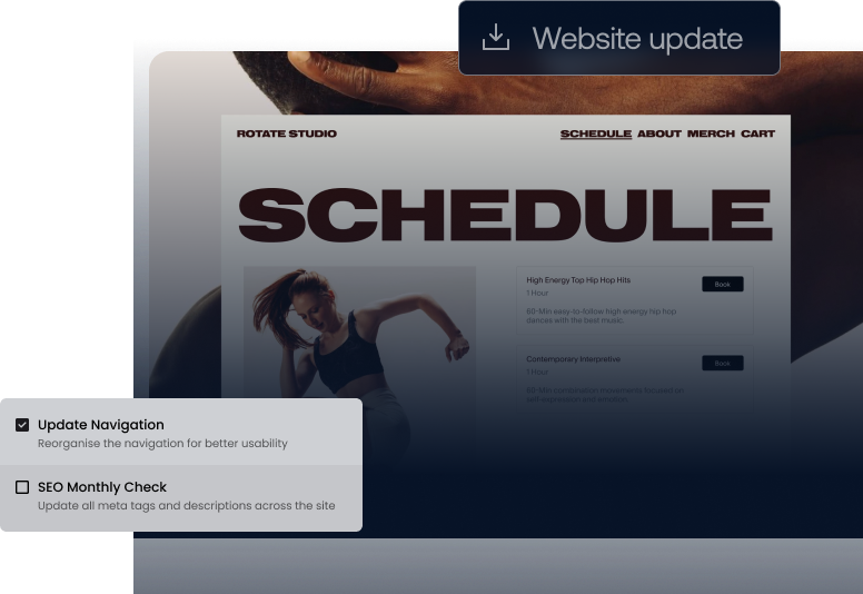 Screenshot of a website page displaying a schedule for a fitness or dance class studio, with options to book classes like 'High Energy Top Hip Hop Hits' and 'Contemporary Interpretive.'