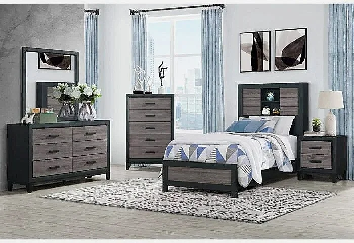 LISBON GREY/BLACK BOOKCASE TWIN BED GROUP