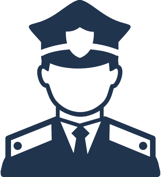 Outline of a police officer in uniform with a cap and tie.