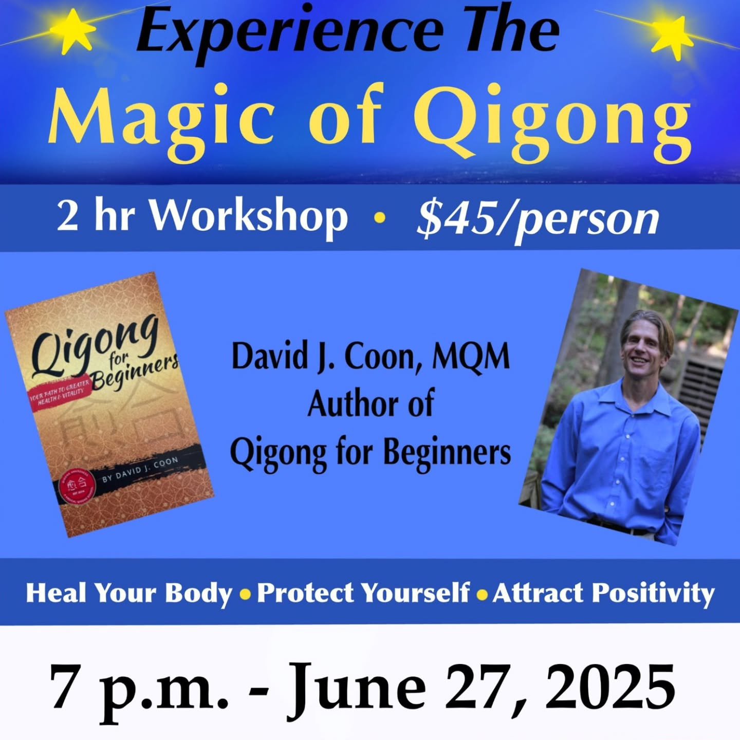 Heal your body, protect yourself, and attract positivity with the magic of qigong! Join author of Qigong for Beginners, David J. Coon, MQM for this 2 hour workshop at our Thompson location. Register through our website, aquarianbookshop.com/classes-e