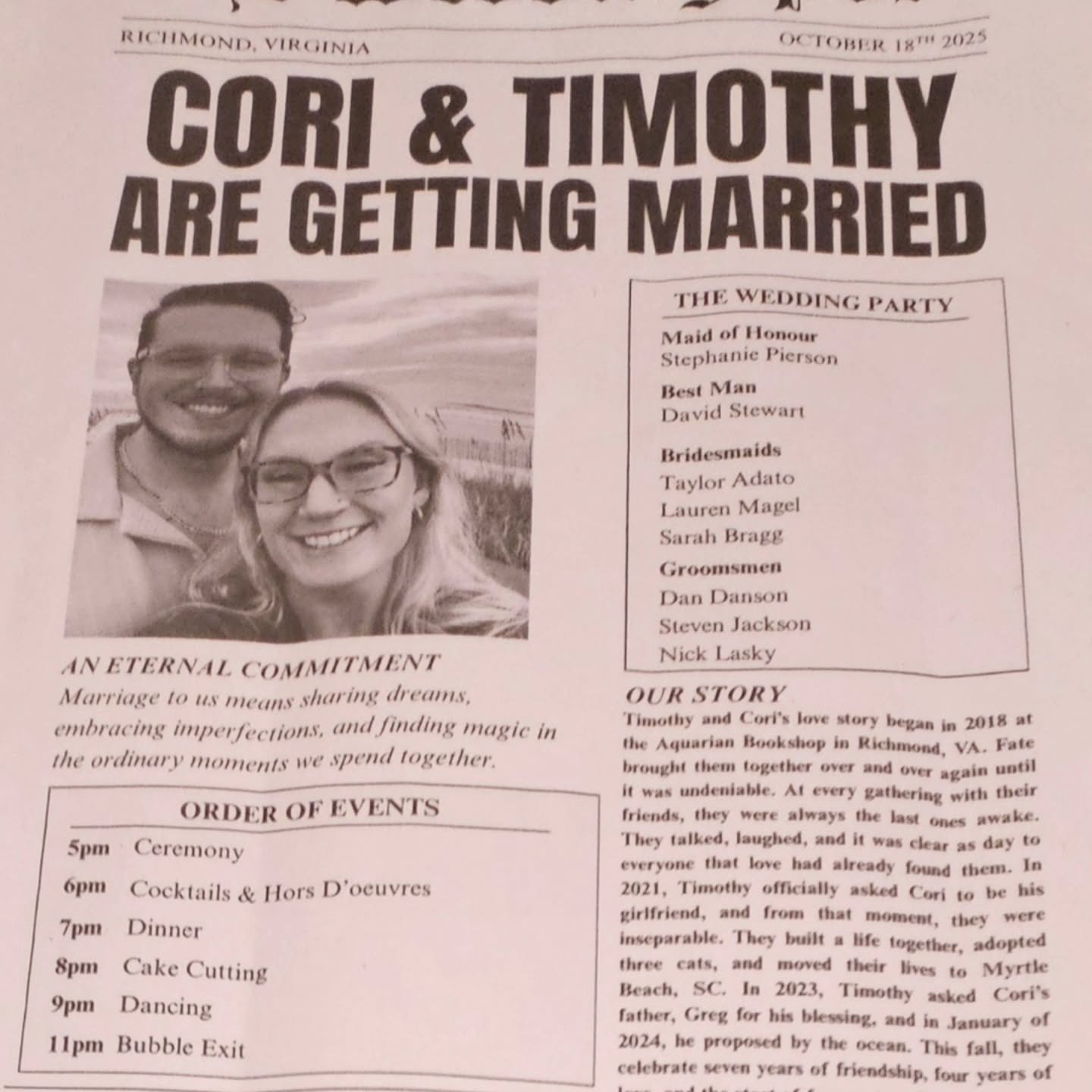 We congratulate Timothy and Cori. They were married Saturday night after having met at The Aquarian in 2018. Much Happiness and Much Love.