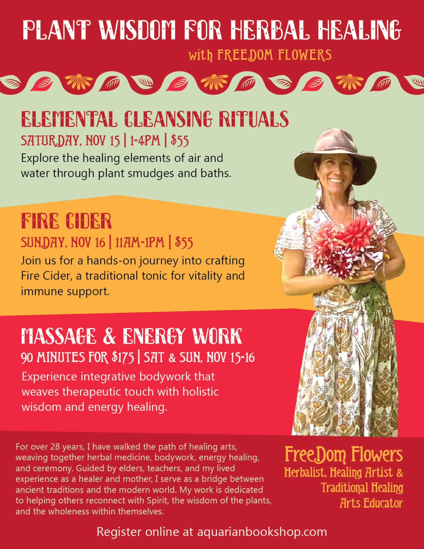 Come experience all FreeDom Flowers has to offer this weekend! Both private healing sessions and group opportunities available. 

Register online at aquarianbookshop.com ✨️
.
.
.
.
.
#rvaevents #aquarianevent #richmondva #richmond #richmondva #elemen