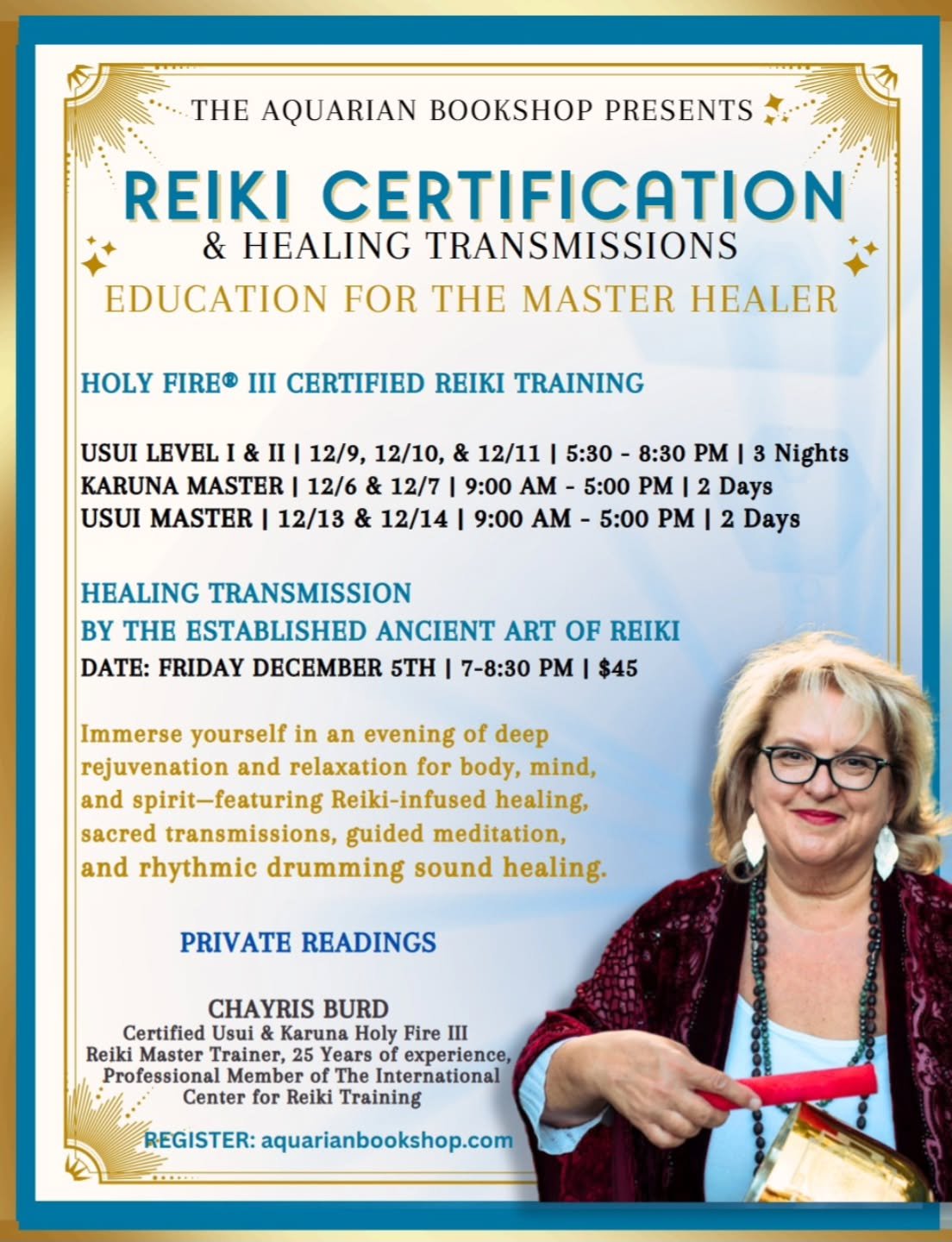 Join Chayris Burd this December for her Reiki certification masterclass. Learn the ins and outs of the Holy Fire III Karuna Reiki system to help you guide others through this deeply healing practice and develop a deeper connection to your intuition, 
