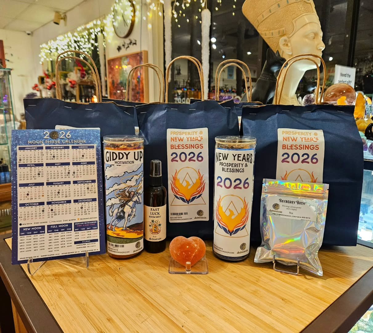 ‼️THEY'RE BACK‼️

Our Aquarian Prosperity &amp; New Year's Blessings Kits have hit the shelves at our Thompson location! 

What's inside?

✨️ 2026 Prosperity Candle 
🐎 Giddy Up Candle 
🌿 Bayberry 3oz Bath Salts
💲 Fast Luck 4oz Room Mist
🧡 Orange 