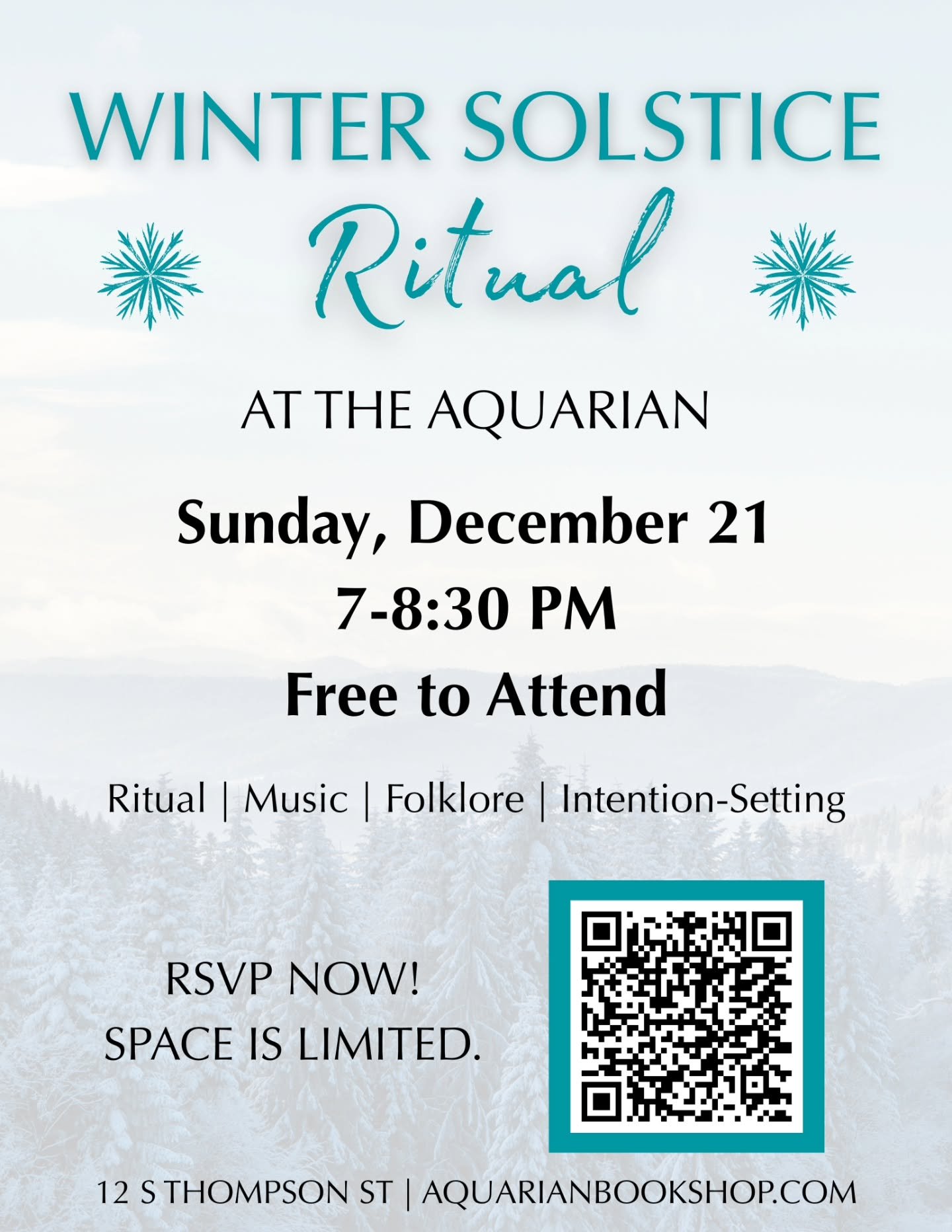 Join our Aquarian Family as we honor the winter solstice for a ritual, music, solstice folklore, setting intentions, and general merriment and extravaganza.

Reserve your spot and register soon!
.
.
.
.
.
#aquarian #theaquarian #aquarianbookshop ##aq