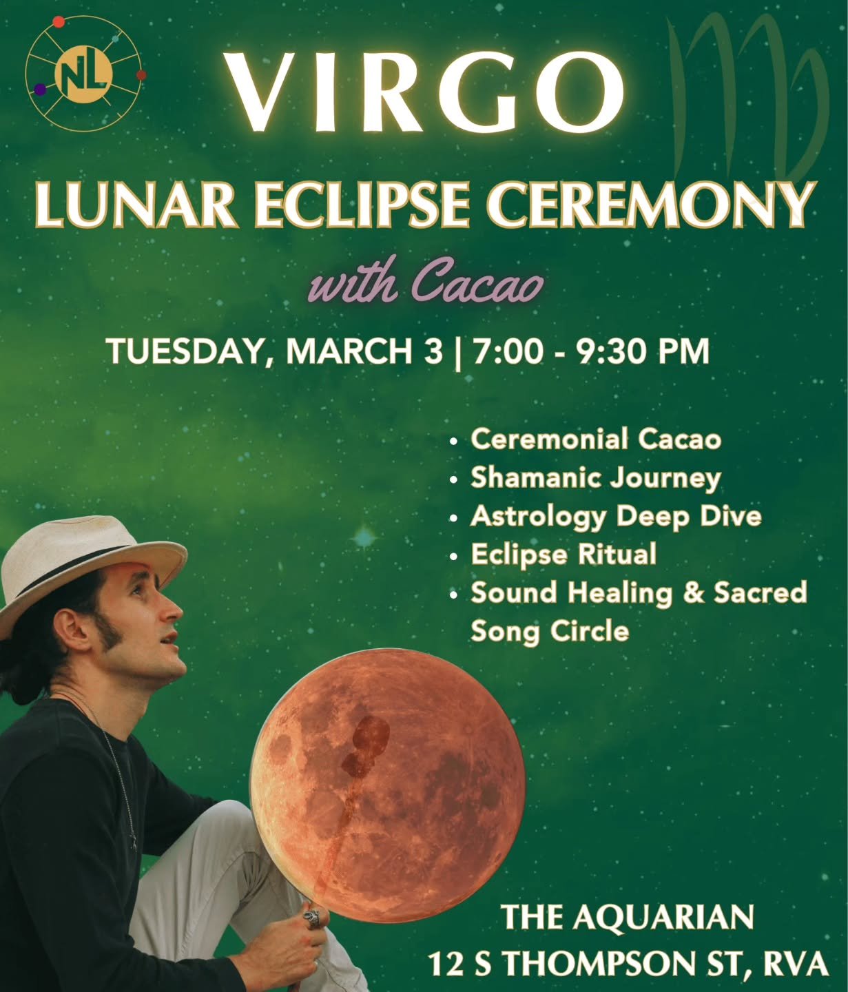 Eclipse season is approaching and there's no better way to start it off than with a Ceremony with Cacao! ✨️

Join Nick Lasky and harness the power of the Lunar Eclipse with inside astrological knowledge, sound healing and song circle, eclipse ritual,