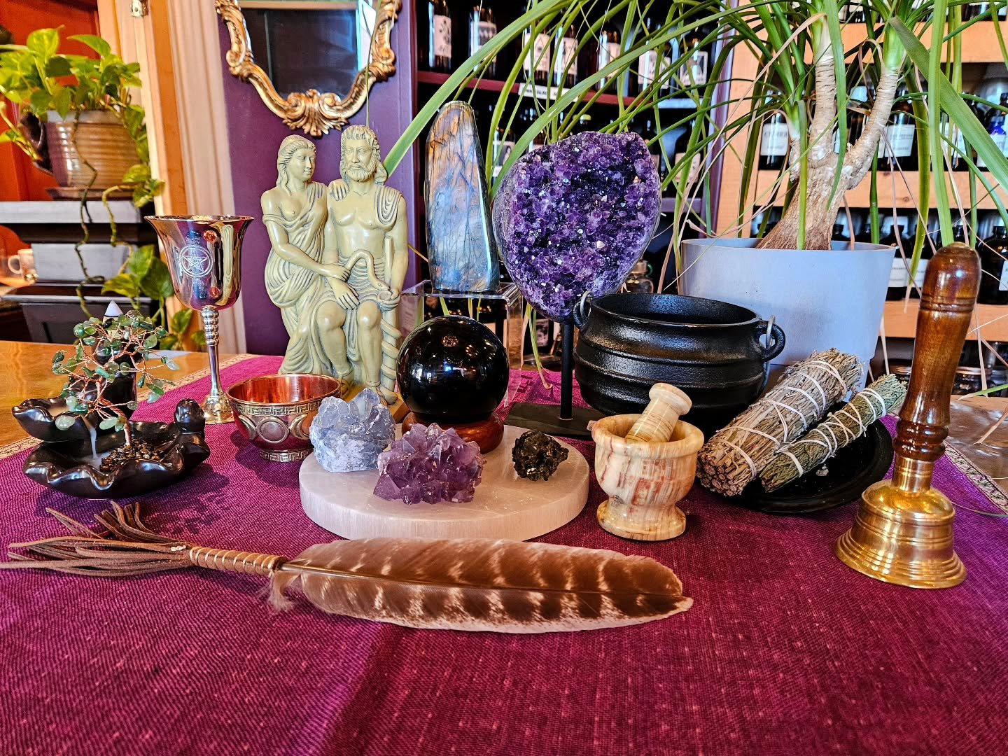 Alter Essentials? We've got you covered! 

✔️Alter Cloth
✔️Offering bowl 
✔️Bell 
✔️Cauldron
✔️Mortar &amp; Pestle
✔️Incense Burner &amp; Incense 
✔️Smoke Cleansing Herbs &amp; Accessories 
✔️Chalice 
✔️CRYSTALS 💯 (SO many crystals!)

Visit us soon 