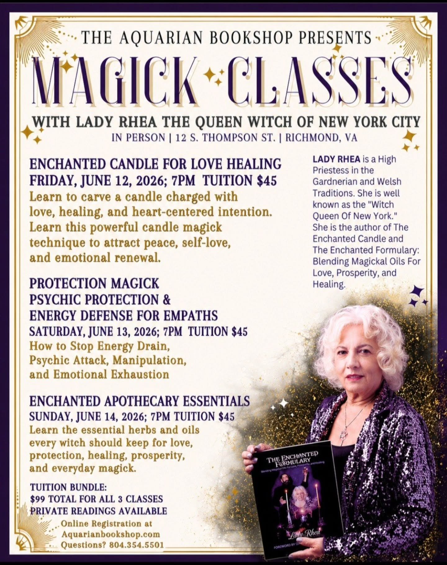 ‼️THE WITCH QUEEN IS COMING‼️

Once again the Queen Witch of NYC, Lady Rhea, will be joining us in VA to share her wisdom! 

To register for one or all of these classes, visit our website at aquarianbookshop.com! It's there you can also book a privat