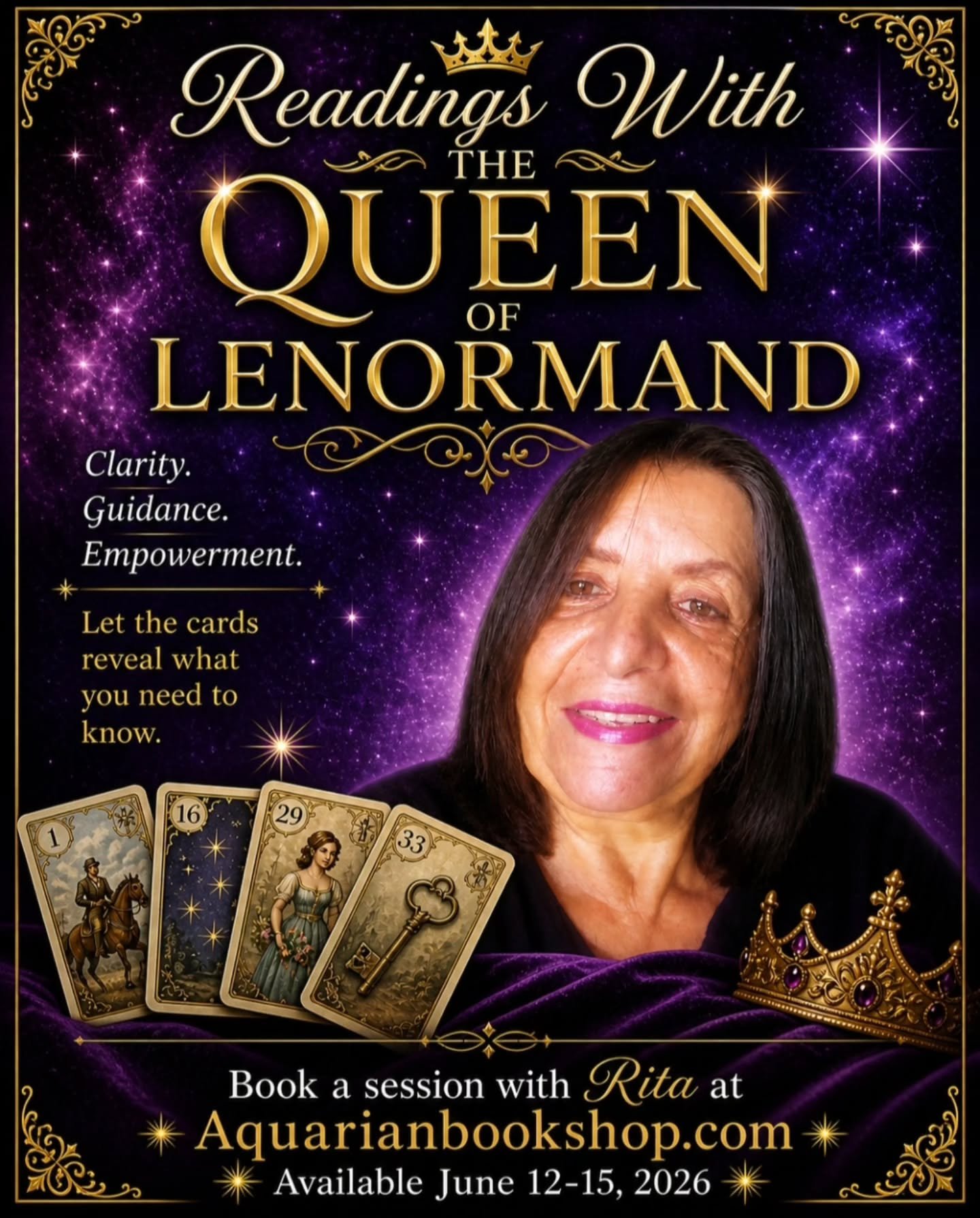 Join The Queen of Lenormand, Rita Segarra, for a Bronx-style reading that is blunt, build, and uncannily accurate. Mixing her Puerto Rican spiritual roots with the 36-card deck of Lenormand, she helps her clients find clarity, solutions, and even los