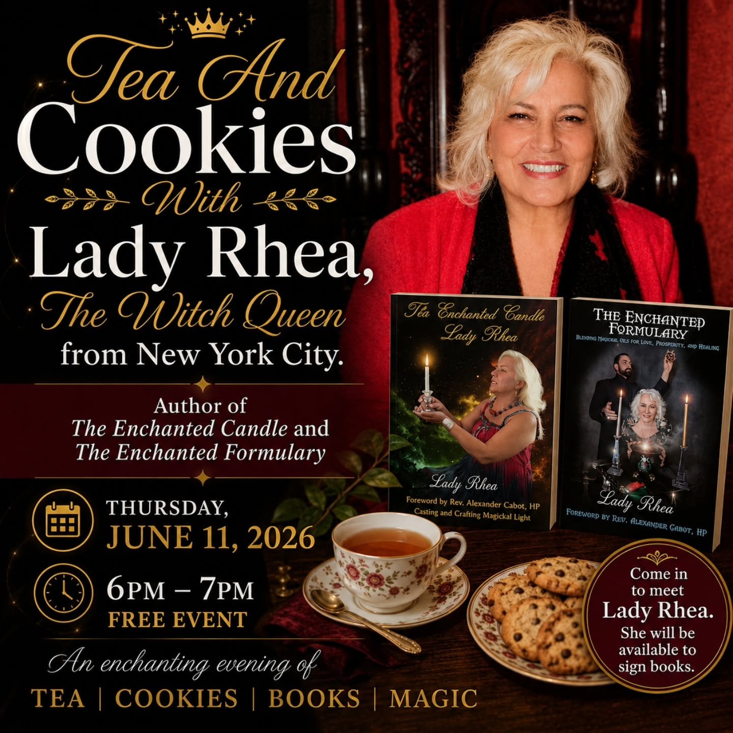 Join us as we welcome Lady Rhea back to the shop next Thursday! 

Enjoy some tea, cookies, and conversation with Lady Rhea and get your books signed! ☕️🍪📚✨️

#aquarianbookshop #rvaevents #ladyrhea #magic #teaandcookies