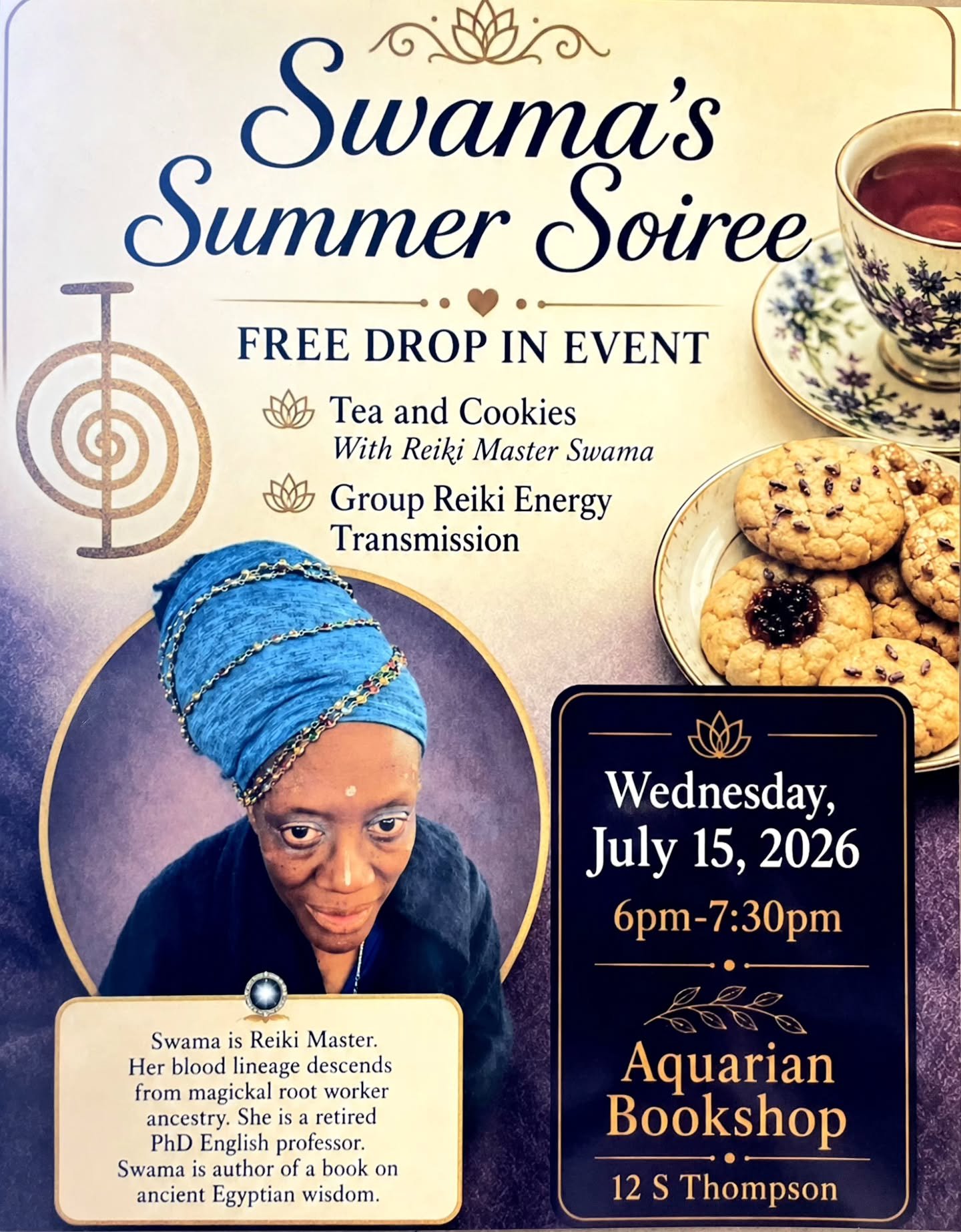 Join us next Wednesday for Swama's Summer Soiree! ☕️🍪

Enjoy tea and cookies with Reiki Master Swama and a Group Reiki Energy Transmission. No registration or fees, just good vibes!

#aquarianbookshop #rvalocalbusiness #rvaevents #reiki #teaandcooki