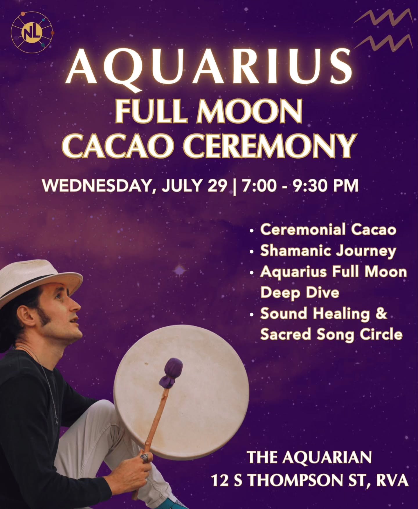 The Aquarius Full Moon is just around the corner! ♒️🌕

Join RVA Astrologer, Nick Lasky, for a Aquarius Full Moon Ceremony with Cacao! 🍫

What you will receive:

Ceremonial Cacao

Shamanic Journey

Aquarius Full Moon Deep Dive

Sound Healing &amp; S
