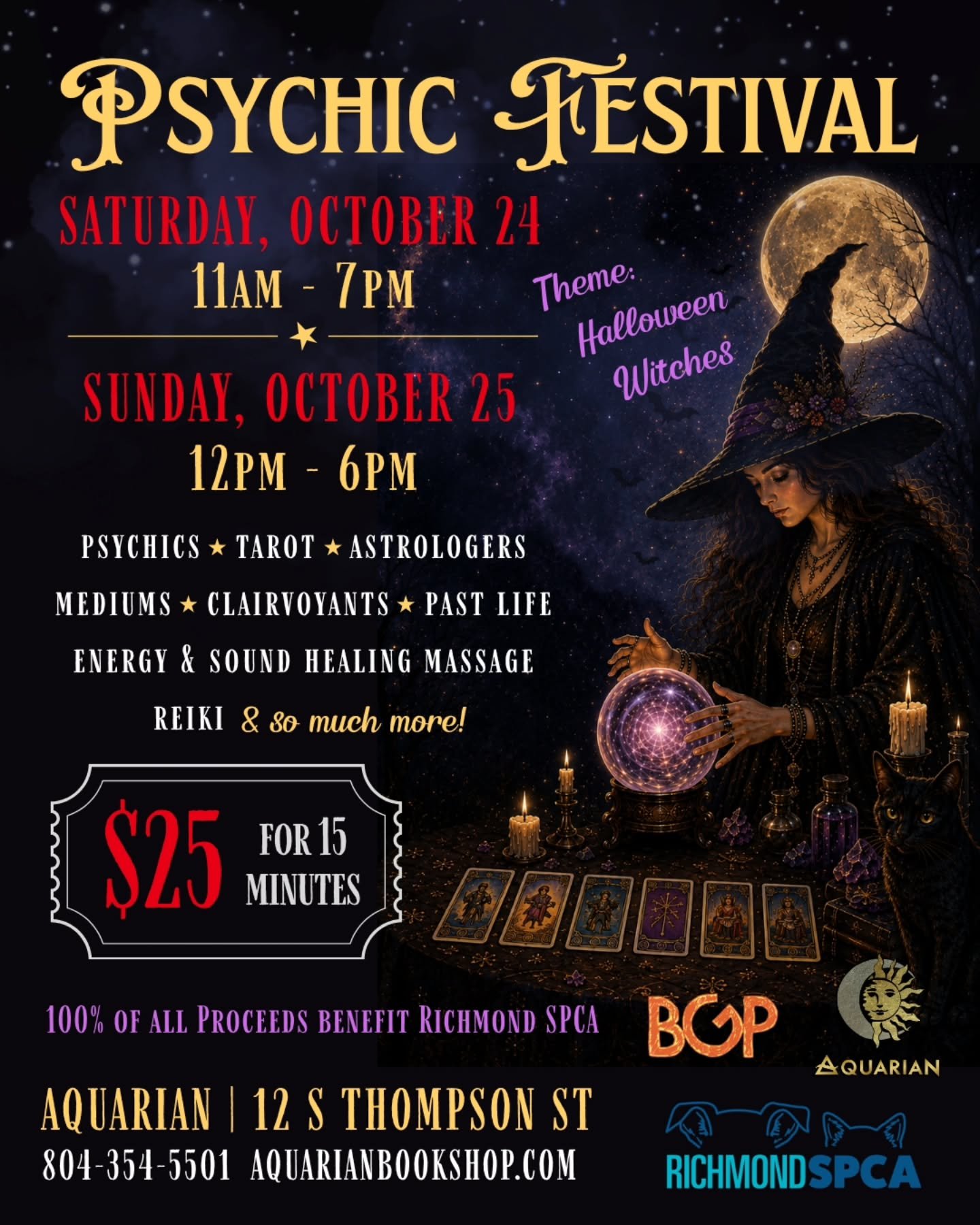 ‼️FALL PSYCHIC FESTIVAL OFFICAL DATES‼️

Mark your calendars for our Psychic Festival in October! All kinds of readers are once again donating their time to raise money for the Richmond SPCA. 100% of all proceeds benefit the Richmond SPCA! 

Be prepa
