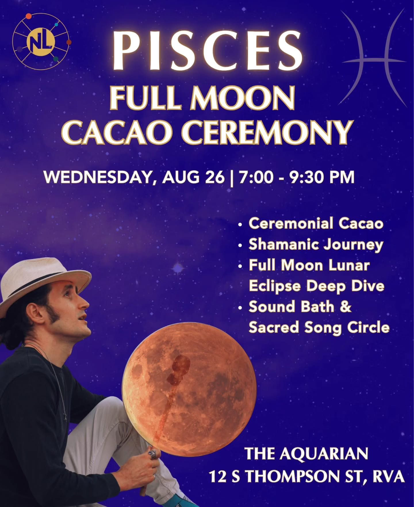 We're in the middle of this Eclipse Season; how are we feeling?

It's an excellent time to gather together in Ceremony and reflect on our life's current themes.

RVA Astrologer, Nick Lasky, is hosting a Full Moon Ceremony with Cacao, Wednesday the 26
