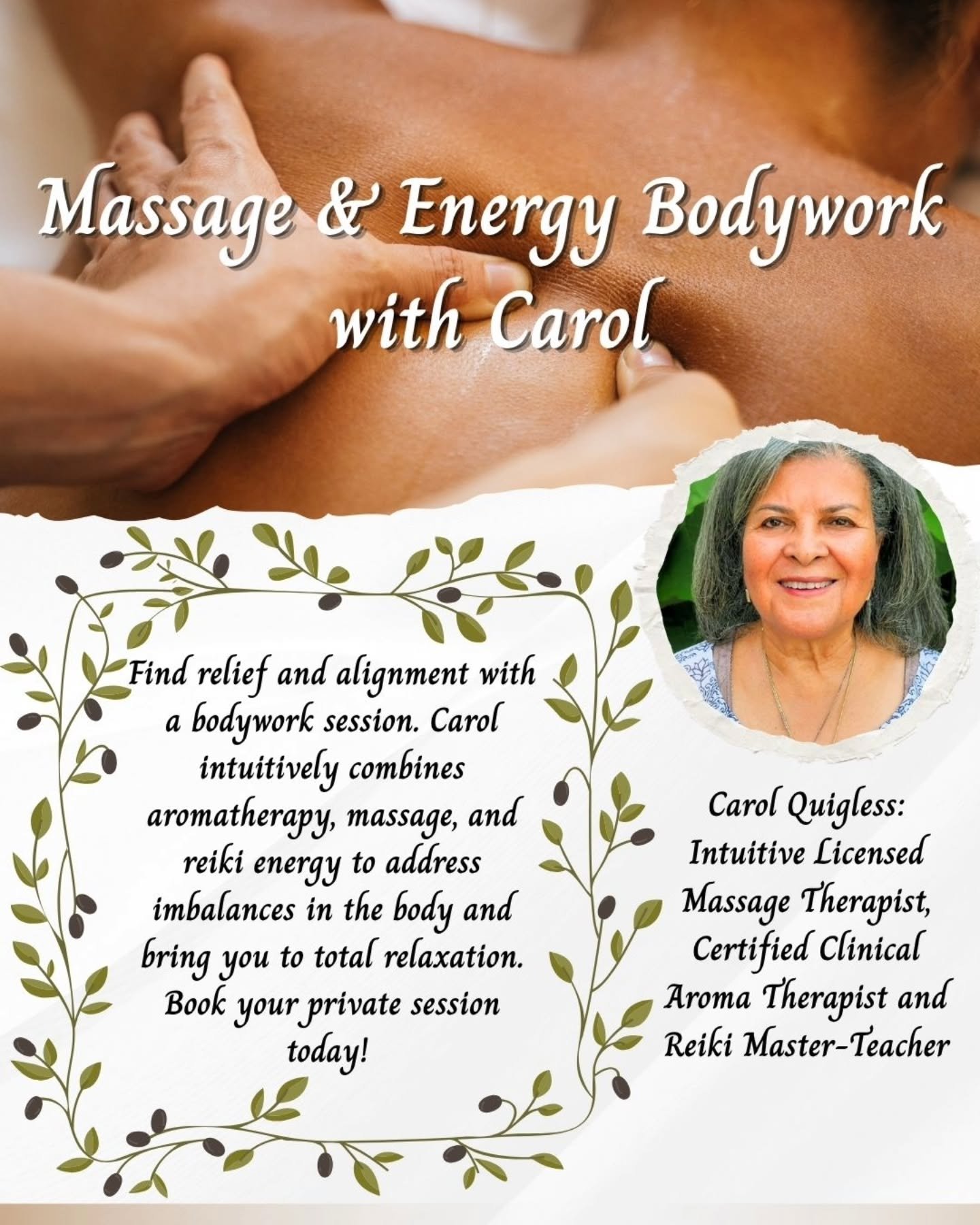 Next Wednesday, August 26th, Carol Quigless will be available for Massage &amp; Energy Bodywork from 12pm-5pm!

It's only $65 for 30 minutes and $110 for 60 minutes. Visit our website under the events section to book your session today!

Carol draws 