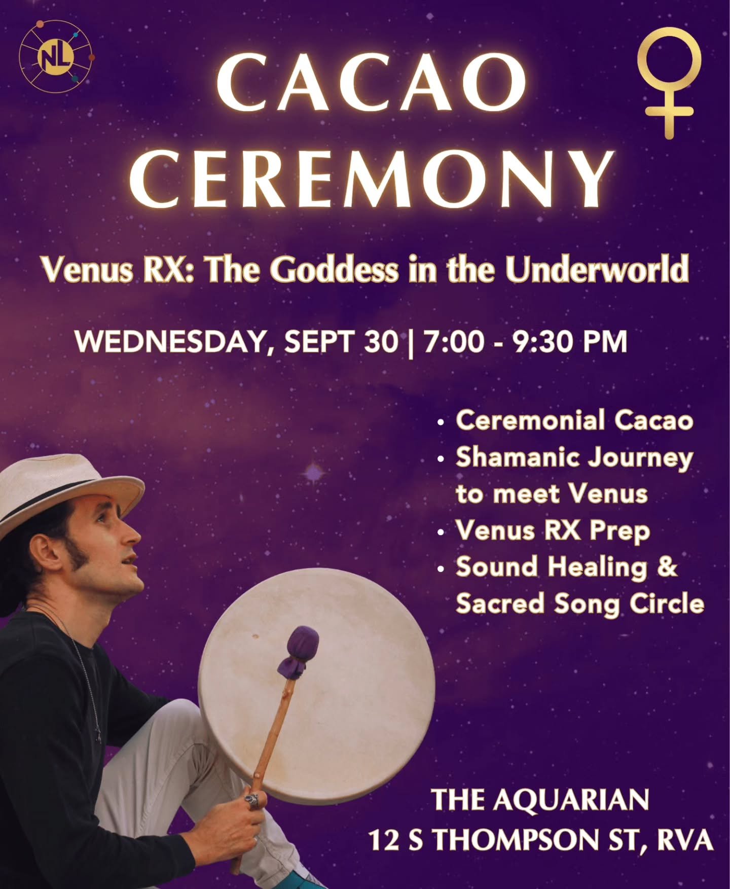 Join RVA Astrologer, Nick Lasky, for a Venus Retrograde Ceremony with Cacao!

WHAT YOU CAN EXPECT:

Ceremonial Cacao

Shamanic Journey to meet Venus

Venus RX Prep

Sound Healing &amp; Sacred Song Circle

To register, visit our website! 👇
aquarianbo