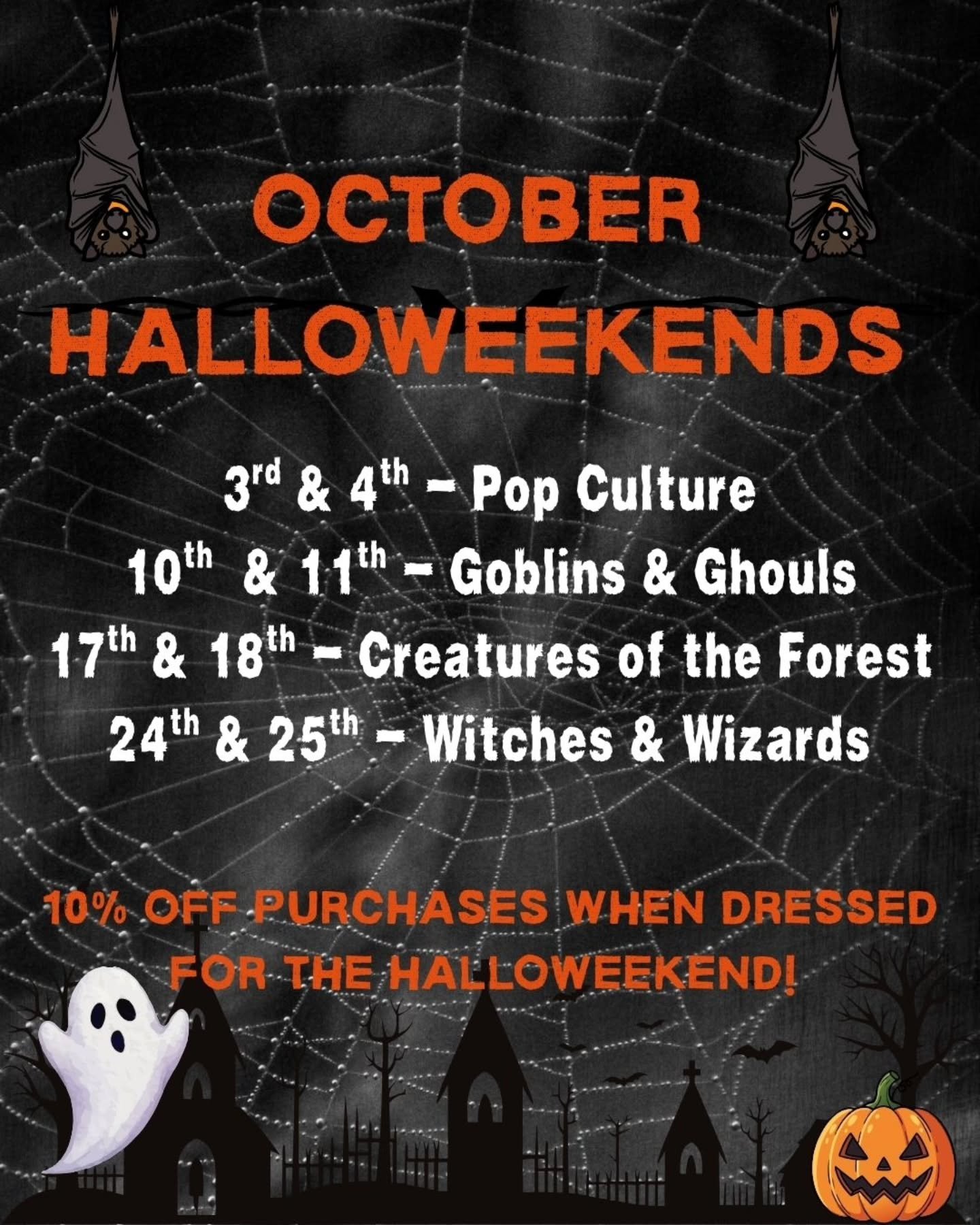 🎃SPOOKY SEASON STARTS NEXT WEEK🎃

Though, it may have already begun for some of you! Well, we're here to give you reasons to dress up. 😁

Each weekend is a different theme! Come join us in dressing up and celebrating spooky season (yes we're dress